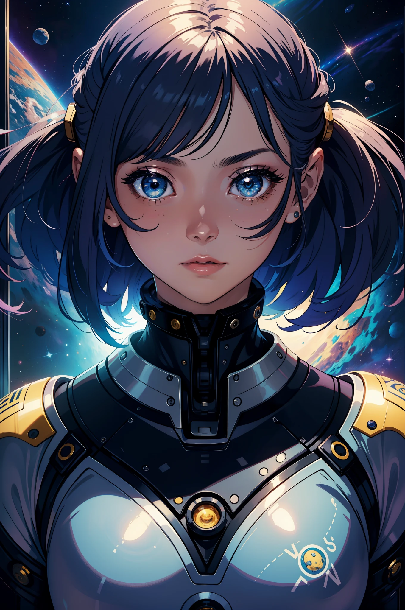 Space Girl,space suit, space, Masterpiece, Best quality, Technological, high - tech, Intricate, Detailed, absurderes, 1girll, Cute, Perfect face, space, window, Gorgeous, Stardust,cosmic, the wallpaper, Cinematic,comparing, Colorful, Perfect eyes, Sensual,magic, size, Stardust, Futuristic