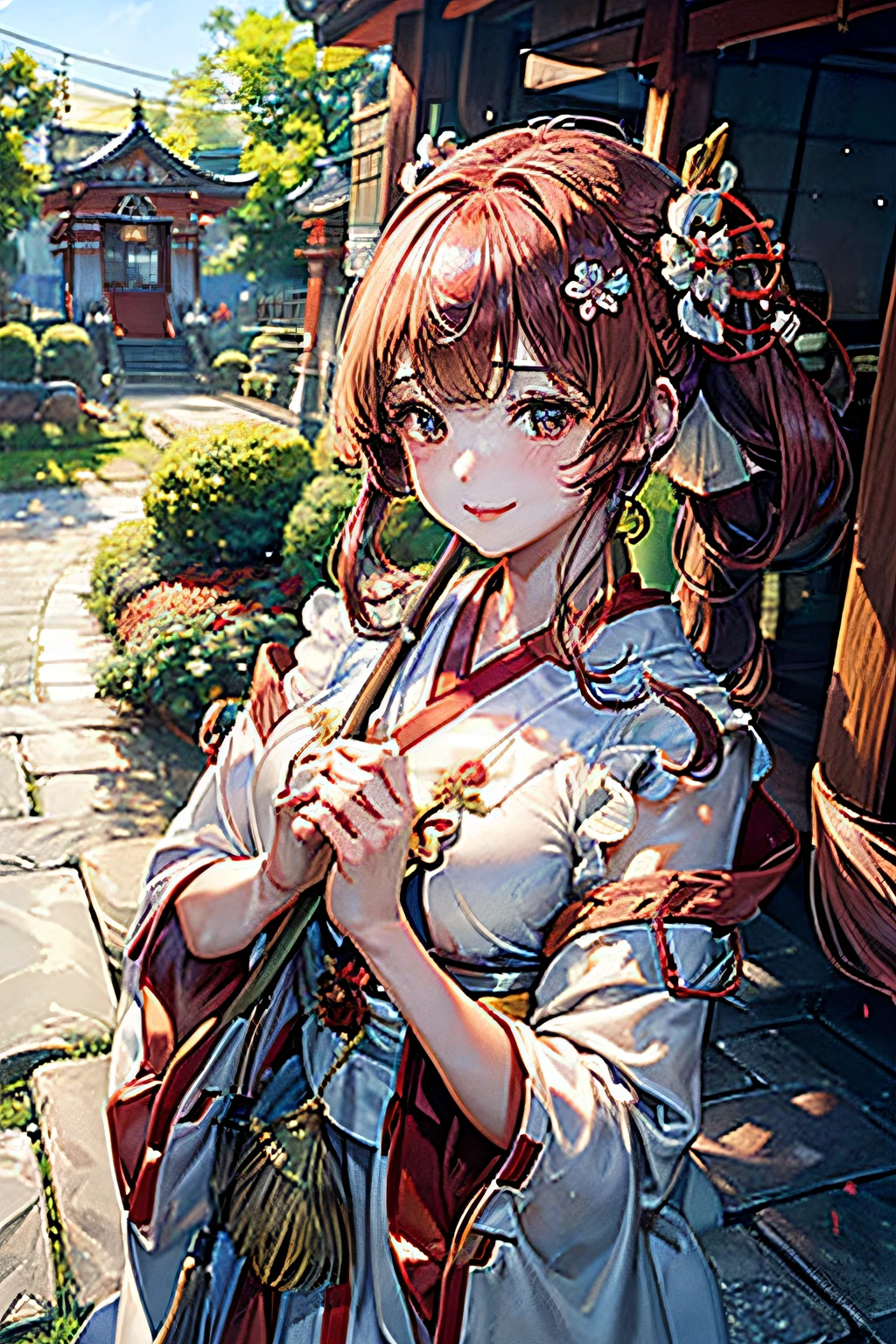 (masterpiece、top-quality、ultra-detailliert、rays of sunshine、电影灯光)、(Japan Anime Cosplay、)、(Famous idol girls of Japan、)、(goddess of Japan、shrine maiden、white miko costume、Red Hakama、)、(dishevled hair、short hair of red-brown color、poneyTail、Cherry Blossom Hair Ornament、hair pin、)、Holding a broom、Look at viewers、A beautiful face that captivates the viewer、(Background of the precincts、)、Stand on the ground of pebbles、Floating hair、bending forward、large full breasts、Beautiful breast slip、Shiny skin、the wind、beautifull hands、Beautiful Finger、An elaborate masterpiece、Intricate details、A detailed face、detailed hairs、Detailed red mouth、Detailed red cheeks、Smile of shame、