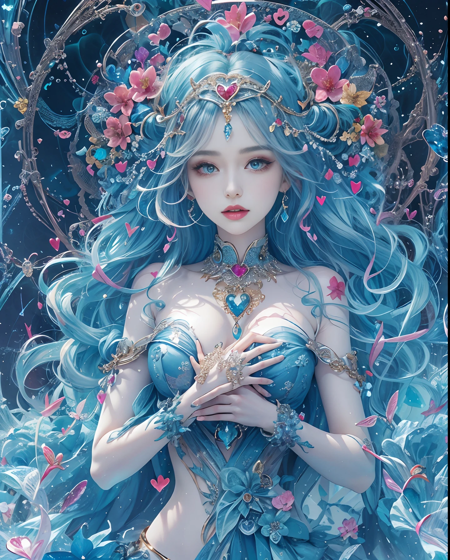 (masutepiece, of the highest quality, Best Quality, Official art, Beautiful and aesthetic:1.2), (1 Fantasy Girl), Extremely detailed, Glamorous Jewelry, long shapeless hair, (Fractal Art:1.3),Colorful,Highest detail.Express in the form of a heart、Ornaments in the shape of a blue heart、Use a lot of heart shapes、Use a lot of blue heart shapes in the background、Use a lot of blue、use a lot of blue flowers、Encrusted with blue heart-shaped jewelry、Heart-shaped bokeh、Ruby ornaments、Blue Gemstones、