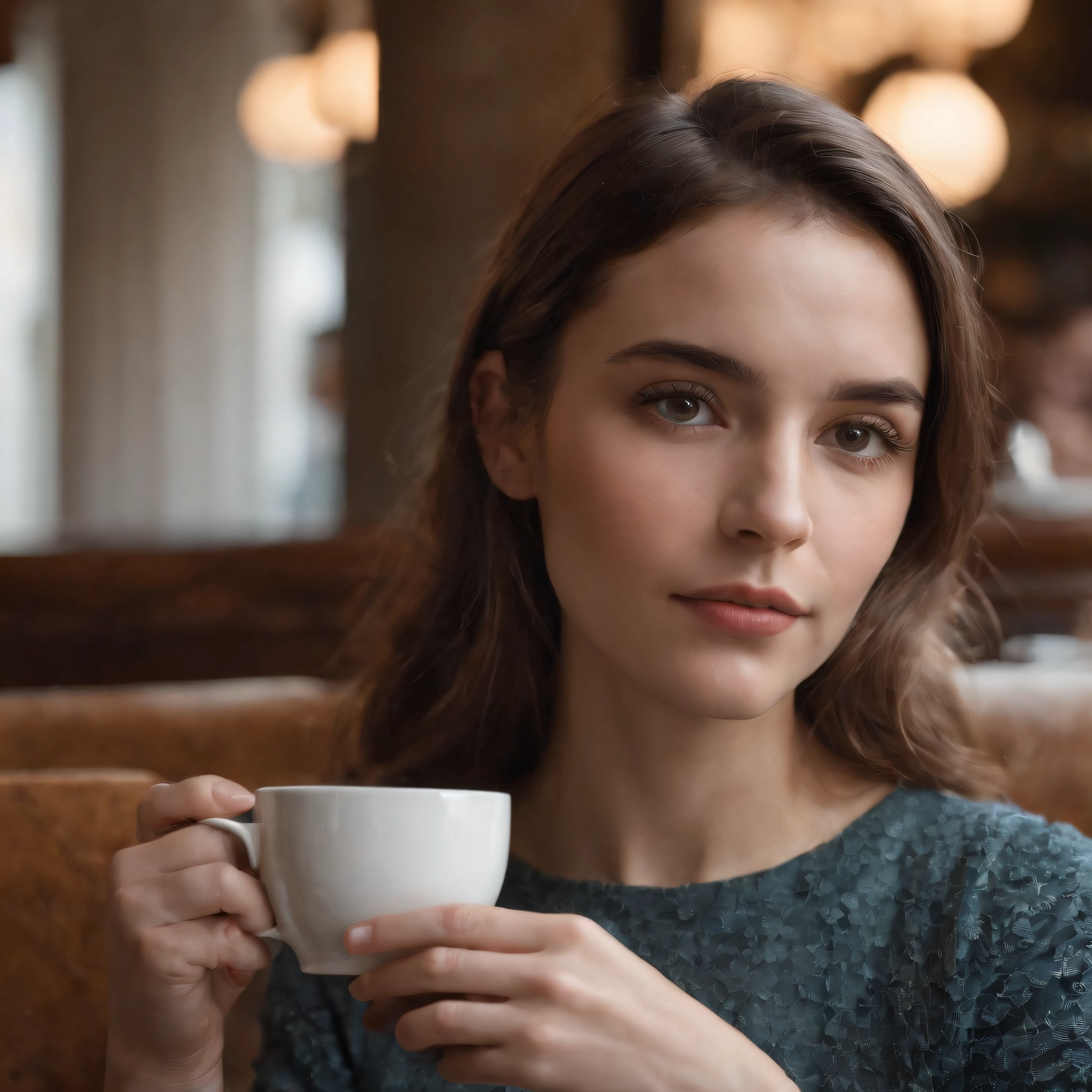 Image of a young woman sitting in a café, with a cup of tea and an open notebook in front of you. Ela parece perdida em pensamentos. You can't see the woman's face from the angle of the photo.