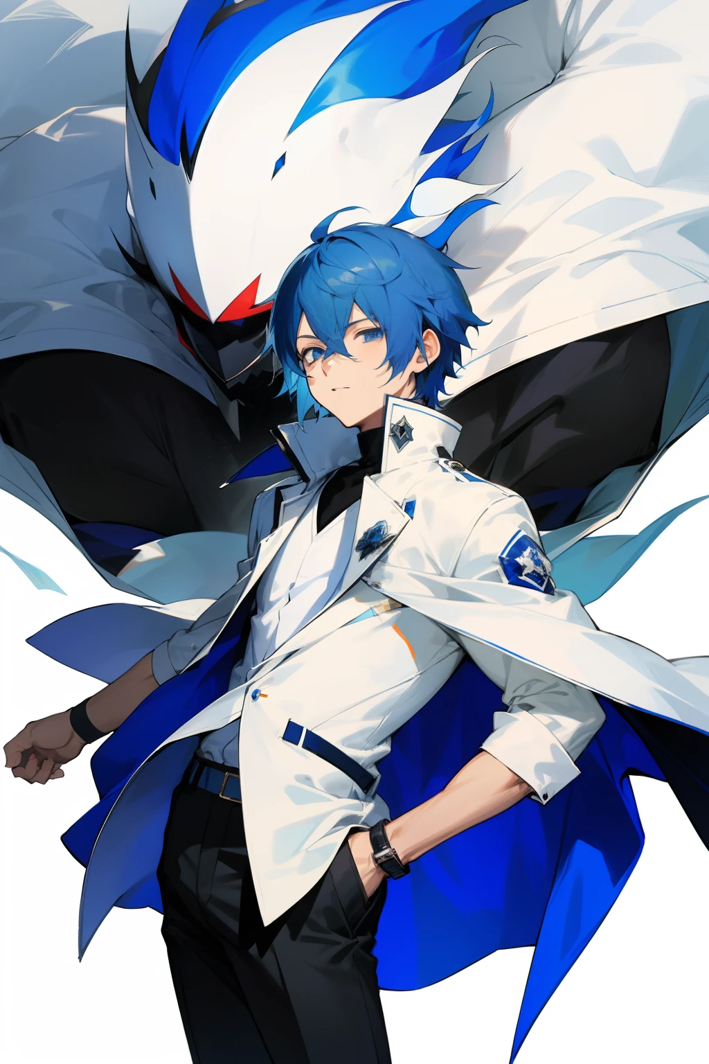 anime, boy, blue hair, medium short hair, dark blue eyes, stylish white jacket, black pants, straight royalty hair,