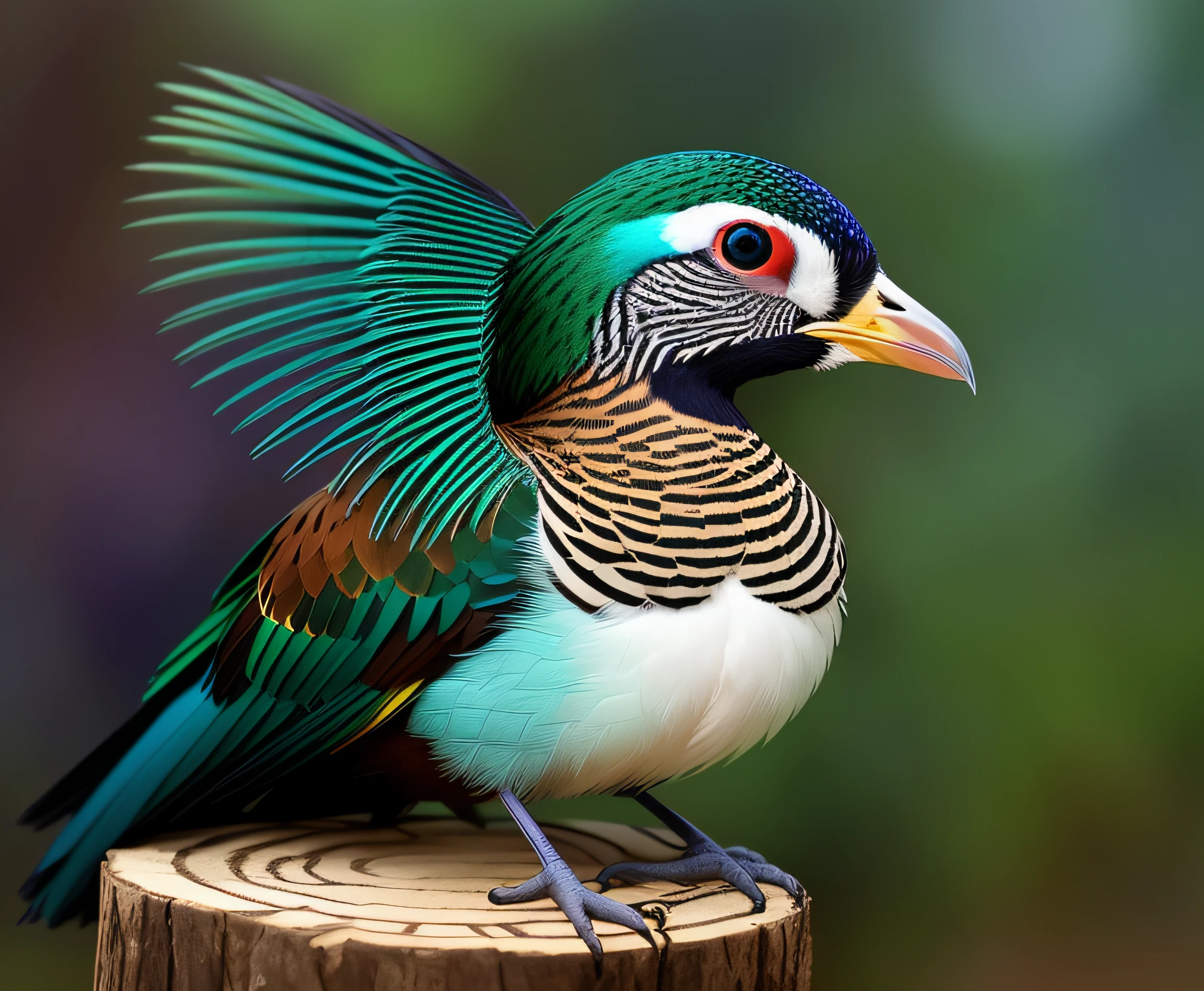 T-Shirt designed, araffe bird perched on a branch with a blurry background, illustration, avian, ophanim has bird wings, colorful bird with a long, peacock, bird, birds, teals, profile pic, beautiful gorgeous, blue phoenix bird, beautiful and graceful, a surrealistic bird, profile shot, pheasant guard sits on a stump, beautiful!!!!!!!!!