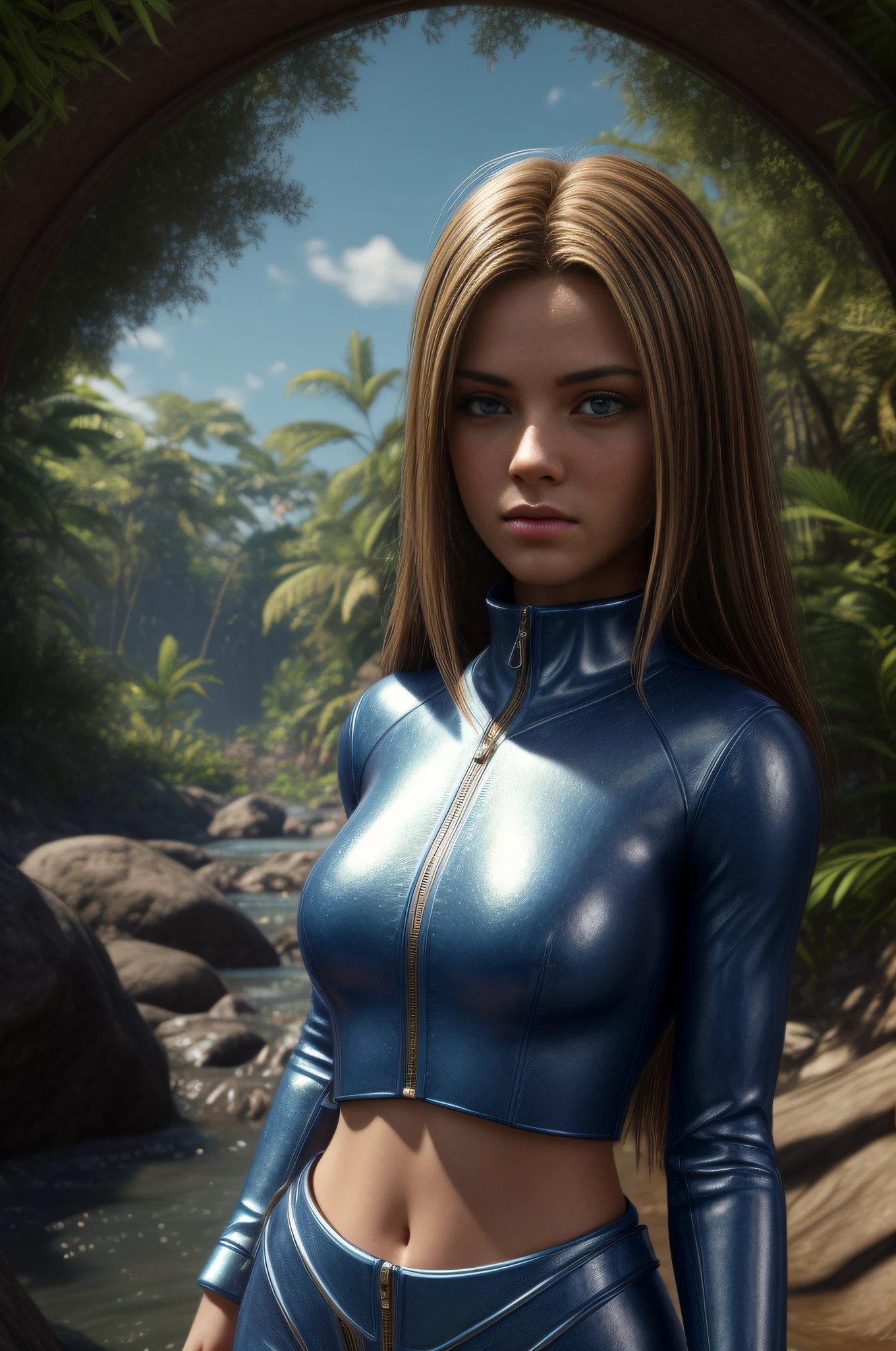 photorealistic deatal with  highest resolution, best quaity, slim petiite young female beautiful teenage covermodel in a sexy spacesuit, very beautful highly detailed face, a landed spaceship, an alien planet, bright detailed exotic jungle, a sunny day, azure-blue clear sky, a stream, bright colors, high quality, realistic lighting shadows and reflections, 8k, hdr, photorealistic, best qualty, highest details, highly detailed omplex scenery, distance view on the girls face