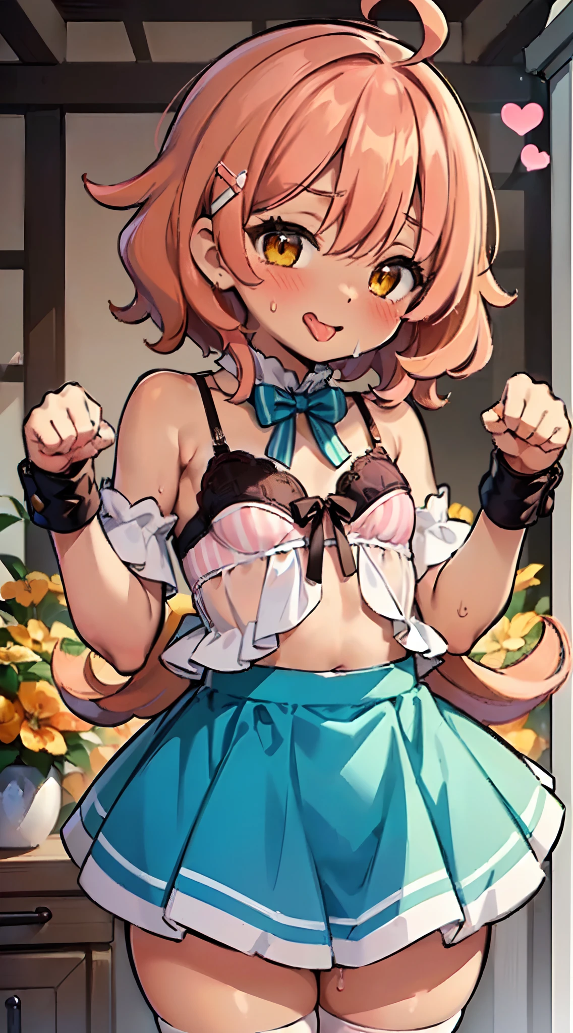 (Perfect body),Best Quality,16 K,(((((Lori)))))、(((((blush))))),(((laugh)))、narrow her eyes、(Wavy mouth)、(((put out the tongue)))、embarrassed from、(((((Brown skin))))),(Short hair), (((Orange Eyes))),((((Pink hair)))),(Sweat),(((small tits))),((((Wavy Hair)))),Ahoge,hair clips,(white knee-socks),((Big ass)),(Eau Color striped panties)、(camisa branca aberta)、(Light blue striped bra)、(((Mini skirt with yellow ruffles)))、((flat chest))、(thick thighs)、(((((short in stature))))),((PAW Pose))、((Heart-shaped pupil))