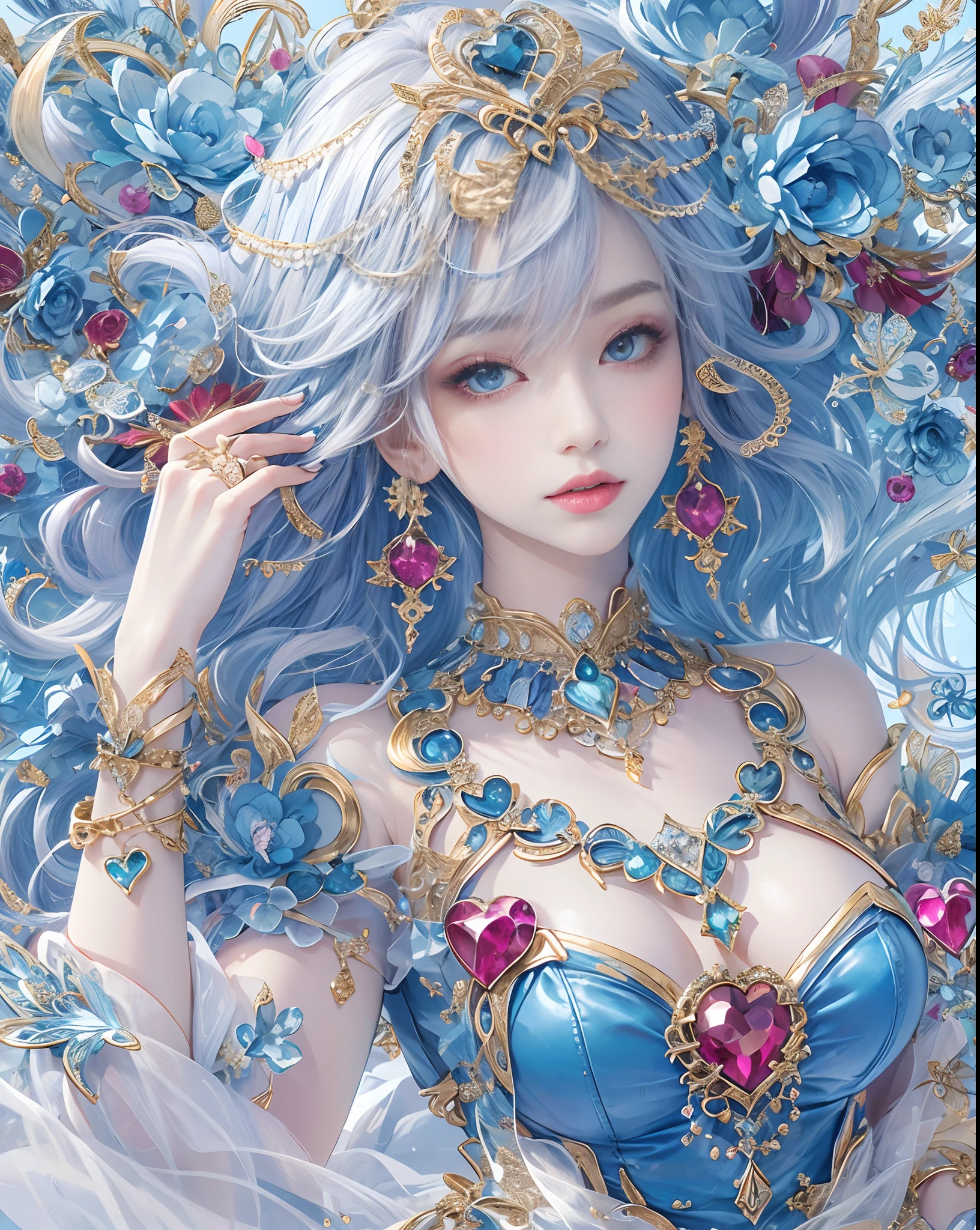 (masutepiece, of the highest quality, Best Quality, Official art, Beautiful and aesthetic:1.2), (1 Fantasy Girl), Extremely detailed, Glamorous Jewelry, long shapeless hair, (Fractal Art:1.3),Colorful,Highest detail.Express in the form of a heart、Ornaments in the shape of a blue heart、Use a lot of heart shapes、Use a lot of blue heart shapes in the background、Use a lot of blue、use a lot of blue flowers、Inlaid with blue heart-shaped jewelry、Heart-shaped bokeh、Ruby Ornament、Blue Gemstones、Angle from above the knee、Breasts are small and B size、A slender、Cleavage is visible。Paws are thin and beautiful,the skin is white and transparent,high-heels、Gold Anklet、Ornaments made of ruby、Blue Gemstones、