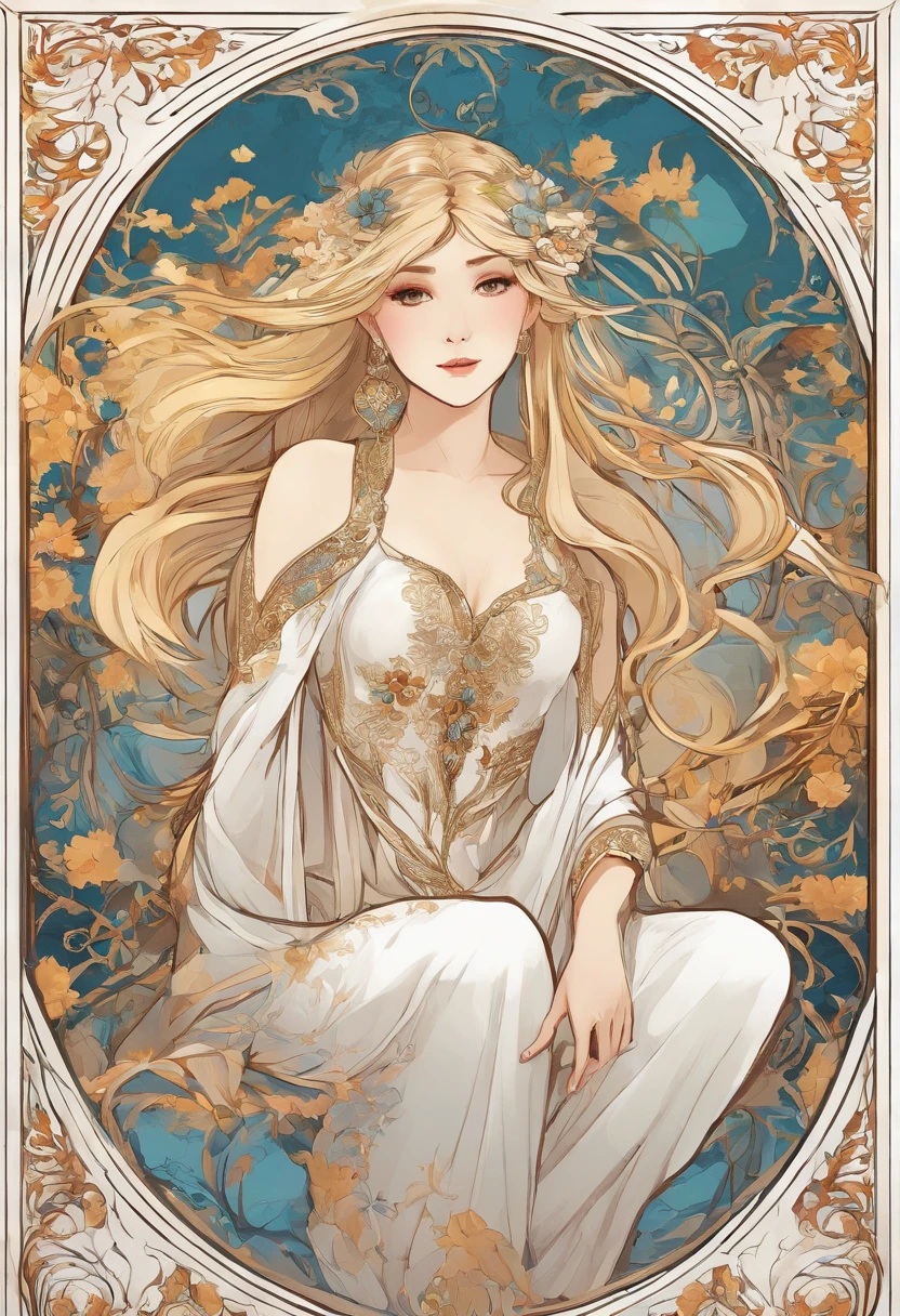 Women with long hair, Golden white hair, Blue Eyes, Flat breasts, Okay, some., Slender Legs, Erotica, No clothes., Fluttering shawl, Traditional Chinese backdrop