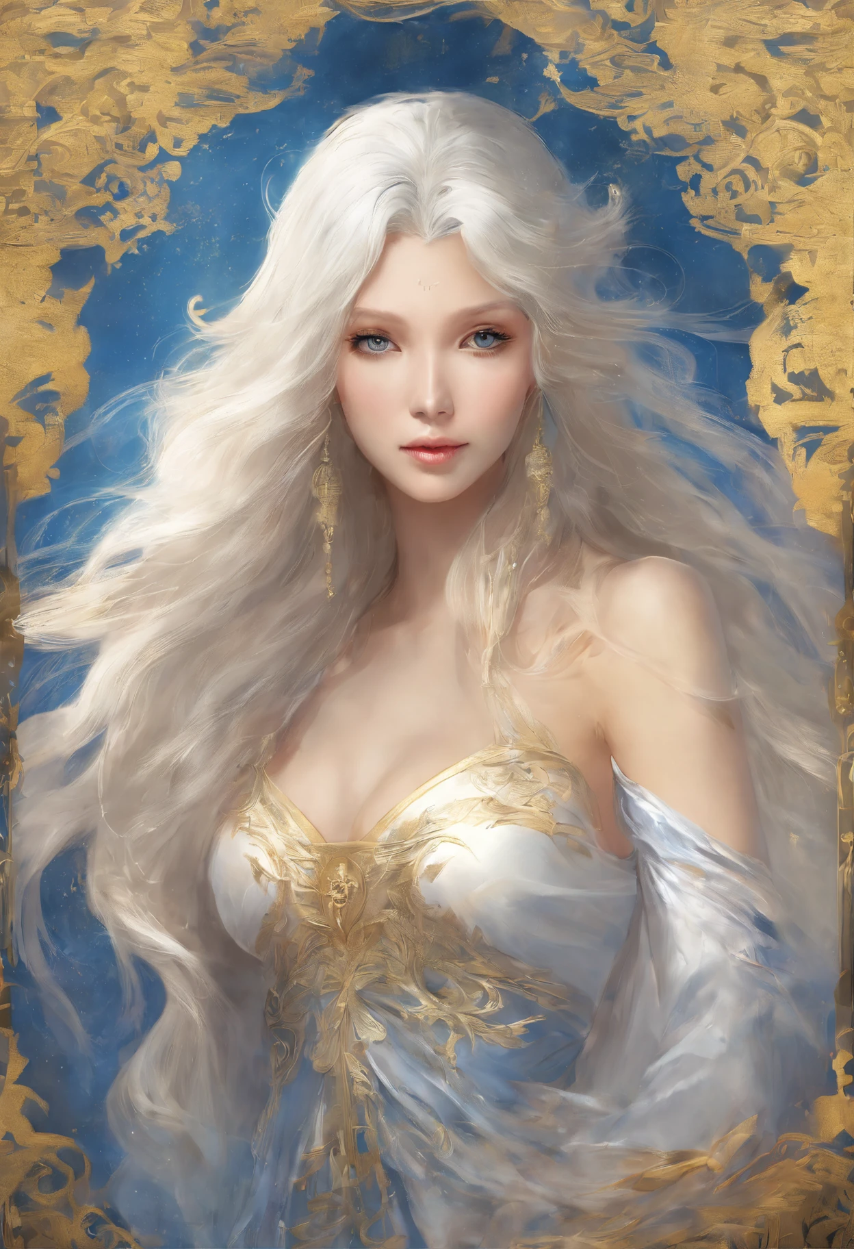 Women with long hair, Golden white hair, Blue Eyes, Flat breasts, Okay, some., Slender Legs, Erotica, No clothes., Fluttering shawl, Traditional Chinese backdrop