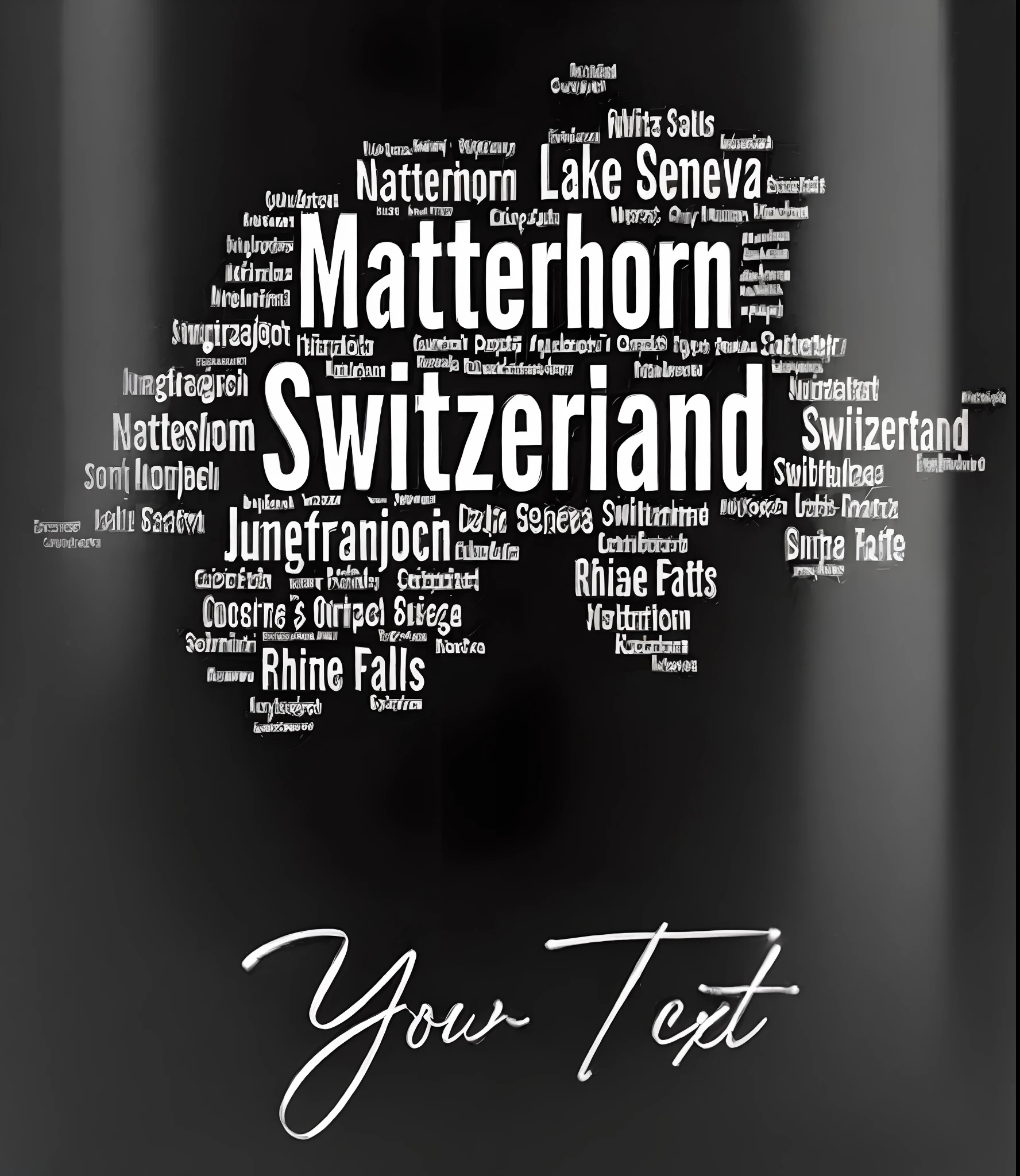 a close up of a black mug with a white word cloud, switzerland, swiss design, with names, white font on black canvas, black, text poster, print, 256x256, 2 5 6 x 2 5 6, bw, engraved, art masterpiece, view, bottom - view, with text, teaser, gorgeous, sf, in white lettering
