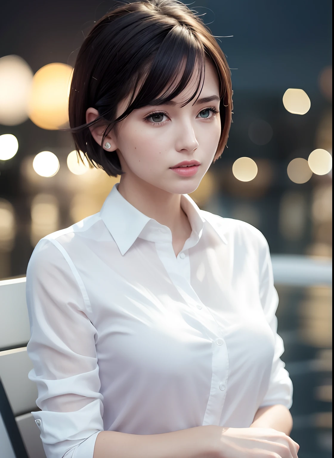 (8k, Best Quality, Masterpiece: 1.2), (Realistic, Photorealistic: 1.37), Super Detailed, 1 Girl, Cute, Alone, Beautiful Detailed Sky, Detailed Cafe, Night, Sitting, Date, ( Nose blush), (smile: 1.15), (close mouth) small breasts, beautiful details, (collared shirt: 1.1), night, wet, business wear, rain, white lace, (short hair: 1.2), floating Hair NovaFrogStyle,