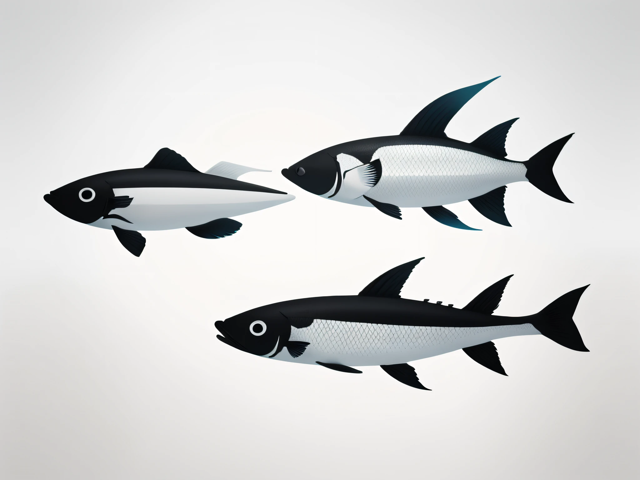 arte minimalista, beleza, simplicidade de animais, Stylized fish using simple geometric lines and shapes, similar to a stub, apenas tons de preto e branco, contrastes, destaque detalhes do animal, shapes emphasizes essence of the animal, transmitir sua beleza natural