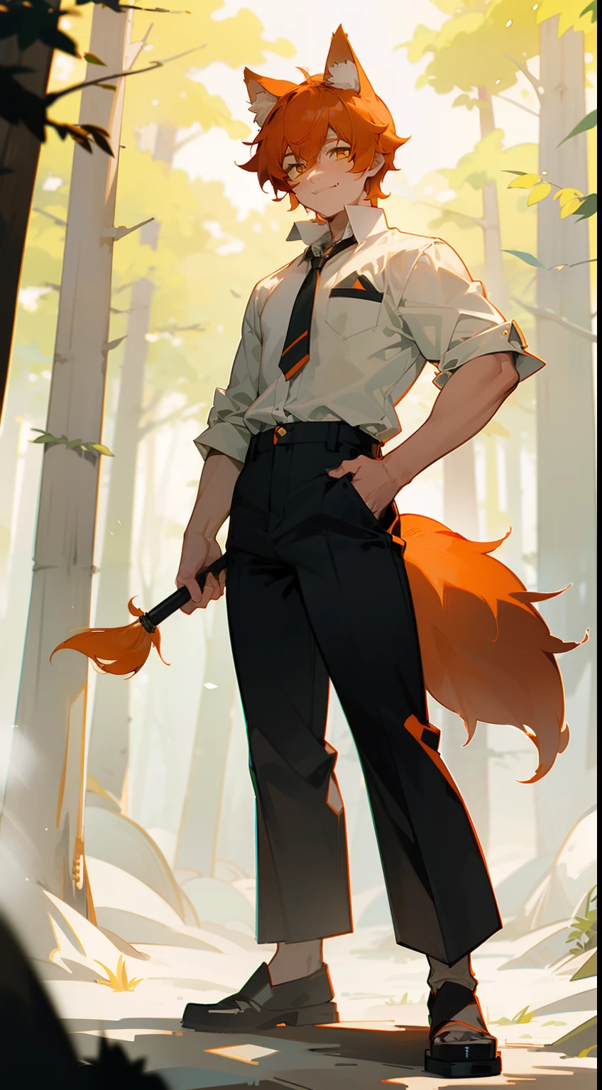 1boy,solo,20s,muscles,happy face,white shirt,black pants, Orange hair,short hair,yellow eyes,wolf ears,1wolf tail,(((standing in front of a forest)))