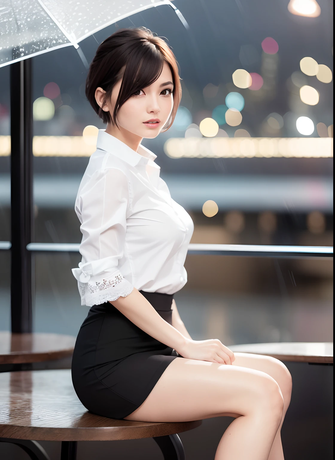 (8k, Best Quality, Masterpiece: 1.2), (Realistic, Photorealistic: 1.37), Super Detailed, 1 Girl, Cute, Alone, Beautiful Detailed Sky, Detailed Cafe, Night, Sitting, Date, ( Nose blush), (smile: 1.15), (close mouth) small breasts, beautiful details, (collared shirt: 1.1), night, wet, business wear, rain, white lace, (short hair: 1.2), floating Hair NovaFrogStyle,