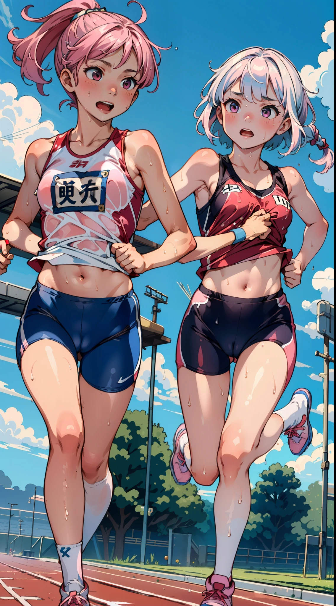 masterpiece, best quality, ultra-detailed, illustration, an extremely delicate and beautiful,high resolution, ultra-detailed,,perfect face,slender perfect body, Tight belly,Toned buttocks,Constricted waist,,(2 girls to running:1.7), yo,(1girlto pink hair,1girl to white hair), (1girl to very short hair,1girl to braided long hair),(hachimaki), shy daughter, short stature, small tits,(flom track and field), (fashionable track and field athlete),(bike shorts), small tits, (wet:1.2), track and field,stadium,((very wide shot )),(cameltoe),( visible through clothes)