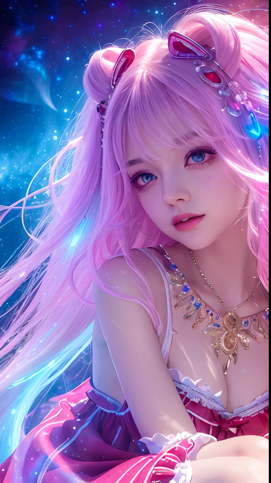 4K Ultra HD, Masterpiece, A girl with a magical aura, Good face, Long hair, shinny hair, Detailed eyes, Glossy lips, Wearing a red ta costume, The aura around the body, Magical effect, Spread white light, Cosmic elements and ethereal atmosphere, A mix of bright lights and colorful nebulae, universe background, Sitting, Full body capture.
