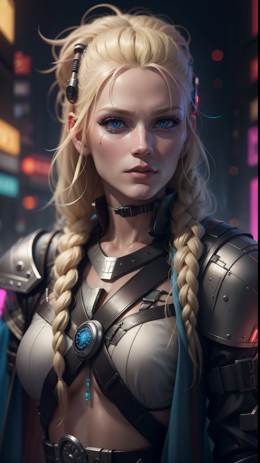 Blond cyberpunk woman Viking, in the year of 2099, 64k, resolution, photorealistic