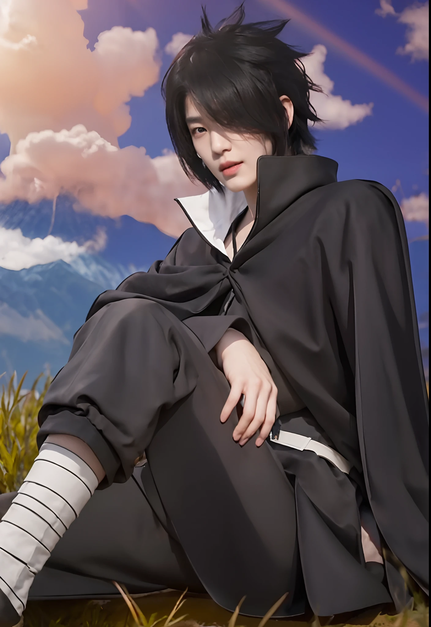 Real life adaption of this character,handsome Korean face ,spiky hairstyle with bang in the front ,black cloak ,realistic outfit,hyper realistic,realistic shadow,realistic light,realistic shadow,realistic eye,realism,(photorealistic1:2)