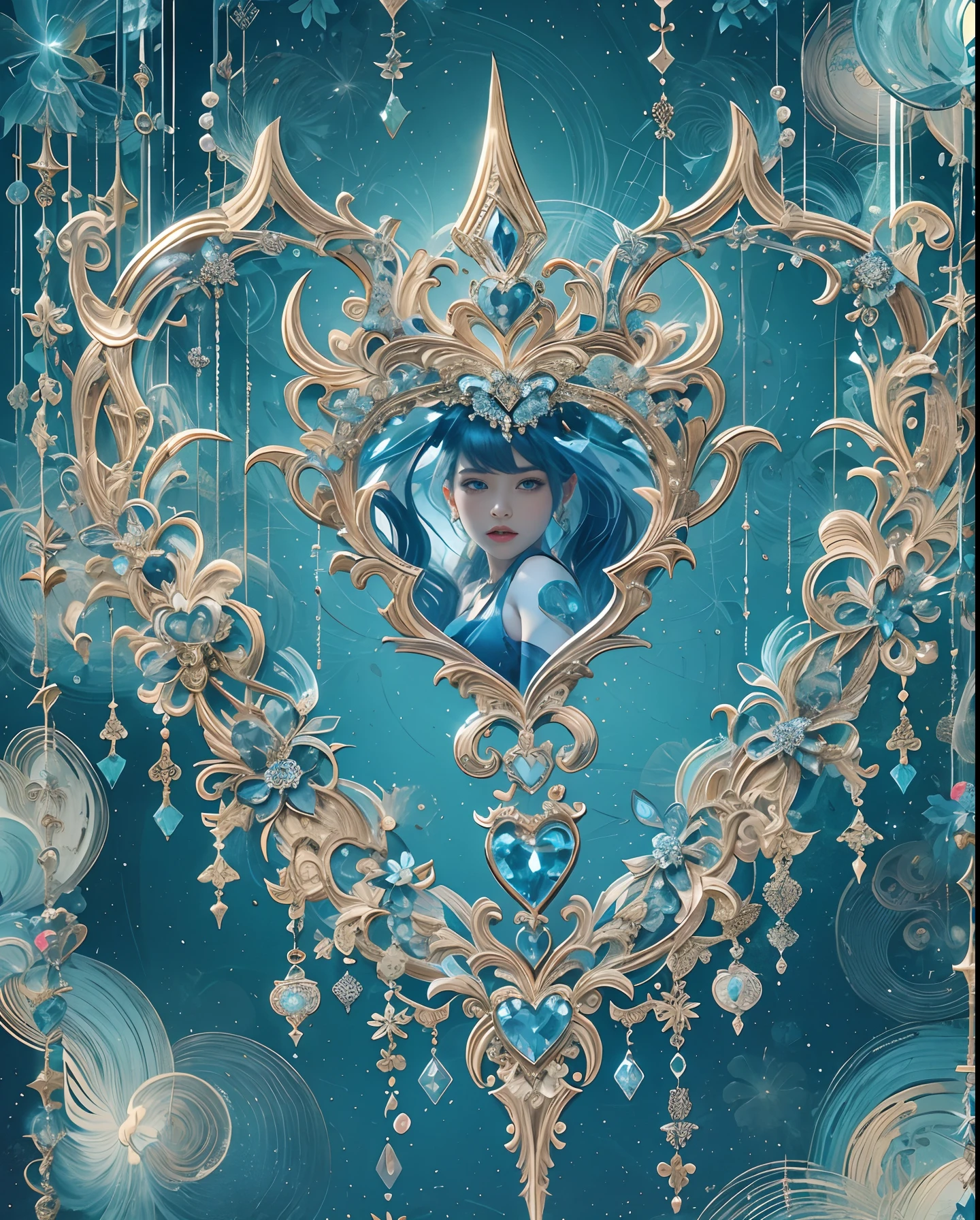 (masutepiece, of the highest quality, Best Quality, Official art, Beautiful and aesthetic:1.2), (1 Fantasy Girl), Extremely detailed, Glamorous Jewelry, long shapeless hair, (Fractal Art:1.3),Colorful,Highest detail.Express in the form of a heart、Ornaments in the shape of a blue heart、Use a lot of heart shapes、Use a lot of blue heart shapes in the background、Use a lot of blue、use a lot of blue flowers、Encrusted with blue heart-shaped jewelry、Heart-shaped bokeh、Ruby Ornament、Blue Gemstones、Angle from above the knee、Breasts are small and B size、A slender、Cleavage is visible。legs are thin and beautiful,the skin is white and transparent,high-heels、Gold Anklet、Ruby ornaments、Blue Gemstones、