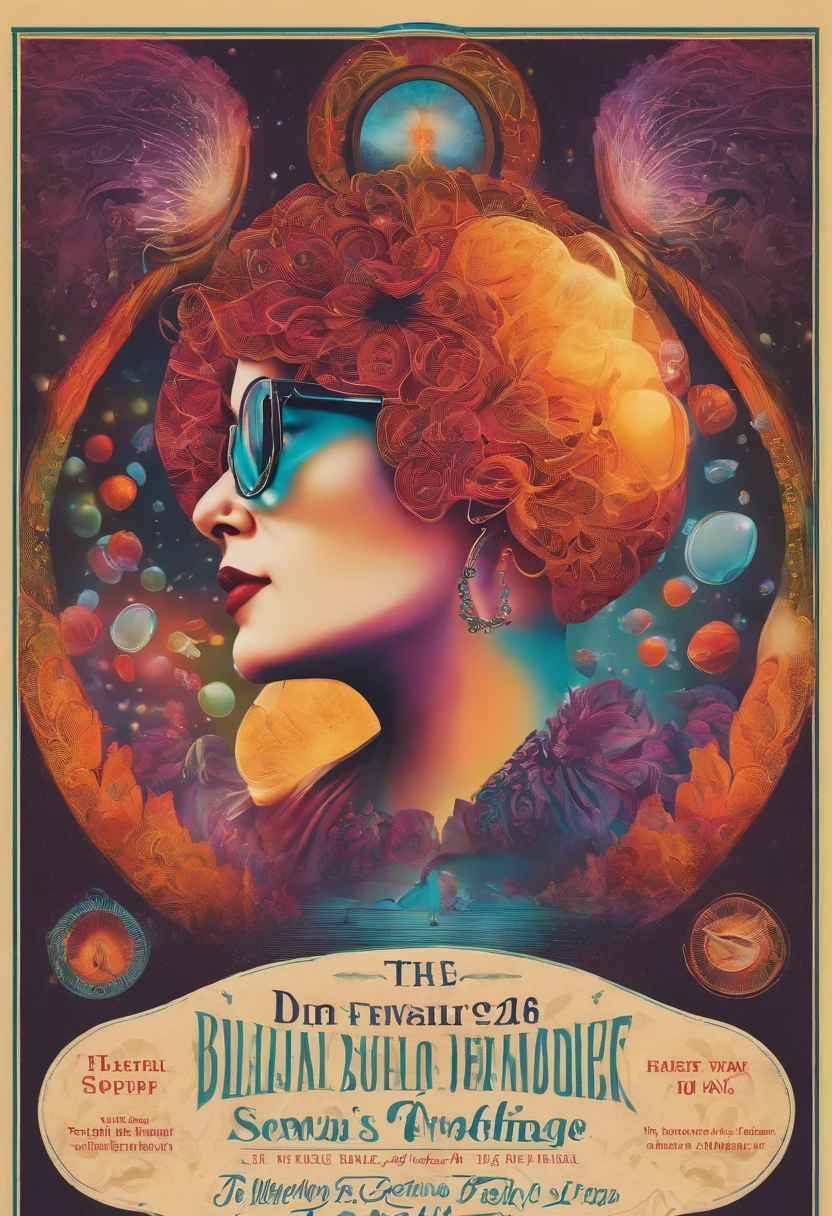 The music festival poster has an image of the artist in the center, along with the festival's lettering and logo, and a jellyfish and large bubbles.