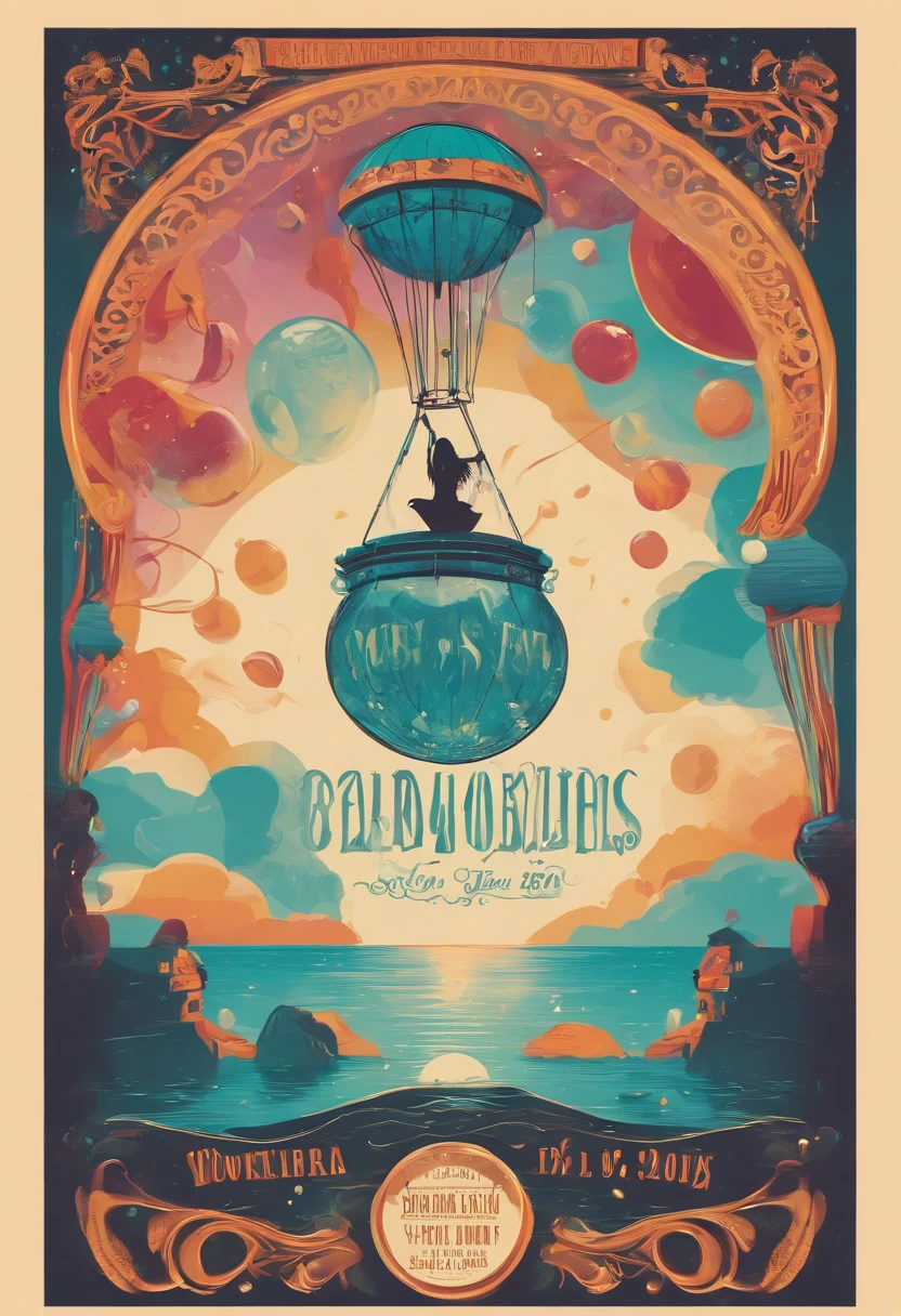 The music festival poster has an image of the artist in the center, along with the festival's lettering and logo, and a jellyfish and large bubbles.