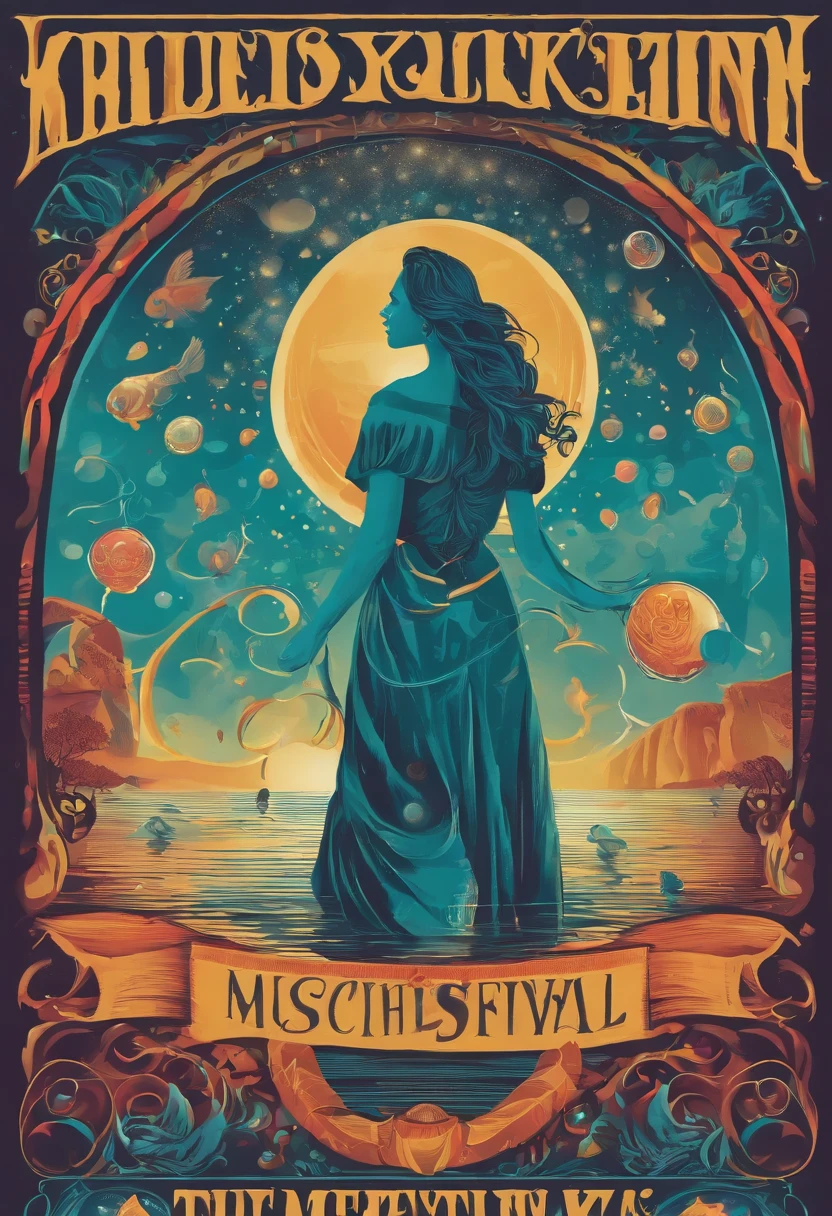 The music festival poster has an image of the artist in the center, along with the festival's lettering and logo, and a jellyfish and large bubbles.