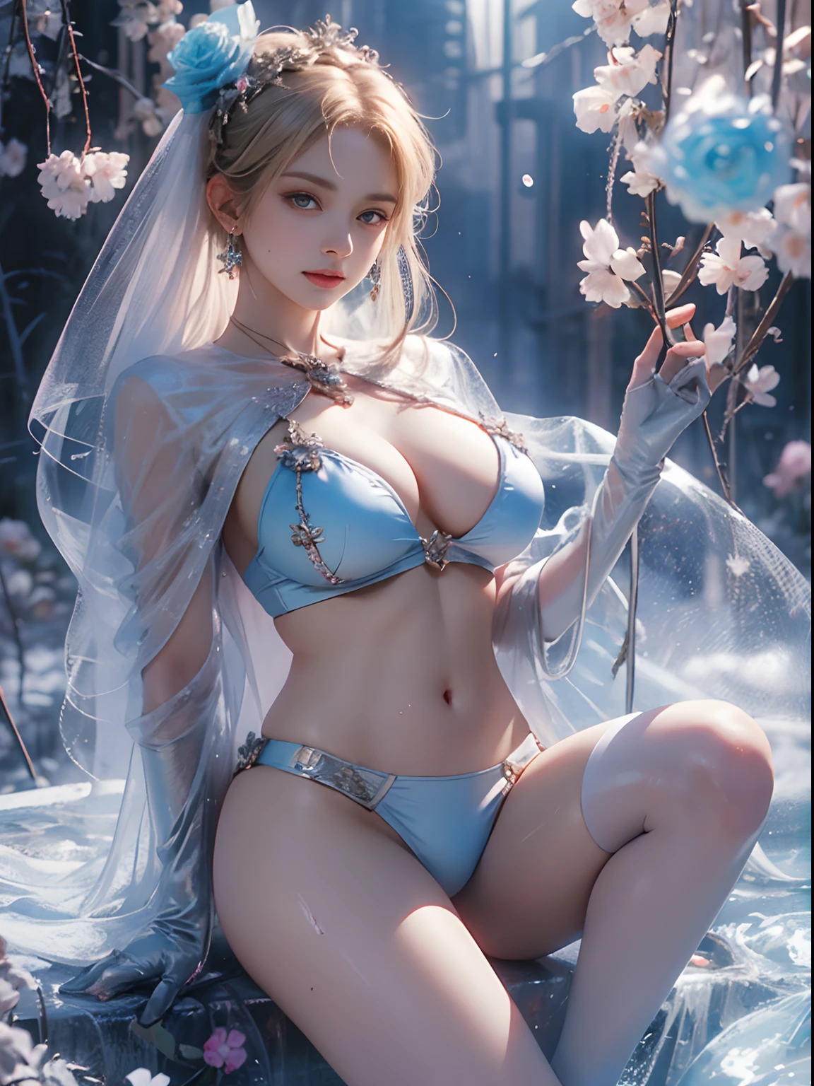 (8k extremely detailed CG unit wallpaper),(best qualtiy),(Best Illustrations),(Best Shadow), (detail: 1.4), 。.。.。.。.。.。.。.。.。.3D, nffsw(High dynamic range), light tracing, NVIDIA RTX, Hyper-Resolution, Sub-surface scattering, PBR Texture, Post-processing, Anisotropy Filtering, depthoffield, Maximum sharpness and acutance, Multilayer Texture, Albedo e mapas Speculares, Surface Coloring, Accurate simulation of light-material interactions, Perfectly proportioned, octane renderings, Two-tone illumination, Wide aperture , Low ISO,White Balance,trichotomy,8K Raw,intricate-detail, delicate patterns, deep-shadows, masterpiece, Lifelike, Roughness, A hyper-realistic, photographed in a Canon EOS R5, 50mm Lens, F/2.8, Sharp Focus, Smoothing, Roughness, Real life, photorealistc, Cinematography, 8K UHD,in flower field,Blue Flower Girl,1 girl,独奏,European,Beautiful bride,lightsmile,Highly detailed blonde hair,maturefemale,Sky Blue Gossamer Veil,Sky blue gossamer cloak,Sky blue Gossamer coat,Sky blue gossamer skirt,Sky blue lace underwear,Sky Blue Lace,Sky Blue Gossamer Gloves,gargantilha,earrings,jewely,trinkets,Head dress,Hand ornaments,leg ornaments,high-heels,Huge breasts,Large breasts,Big boob,Burst breasts,Big breasts,Plump breasts,Expose your breasts,uncovered breasts,Narrow waist,Bare ass,ass large,Bare belly,Bare navel,Wet,Wet body,sweating body,Shiny skin,