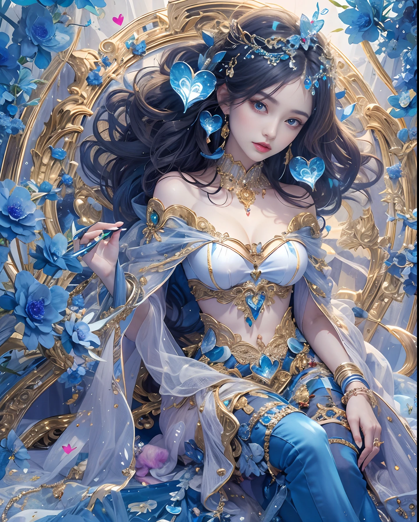 (masutepiece, of the highest quality, Best Quality, Official art, Beautiful and aesthetic:1.2), (1 Fantasy Girl), Extremely detailed, Glamorous Jewelry, long shapeless hair, (Fractal Art:1.3),Colorful,Highest detail.Express in the form of a heart、Ornaments in the shape of a blue heart、Use a lot of heart shapes、Use a lot of blue heart shapes in the background、Use a lot of blue、use a lot of blue flowers、Encrusted with blue heart-shaped jewelry、Heart-shaped bokeh、Ruby Ornament、Blue Gemstones、Angle from above the knee、Breasts are small and B size、A slender、Cleavage is visible。legs are thin and beautiful,the skin is white and transparent,high-heels、Gold Anklet、Ruby ornaments、Blue Gemstones、high-heels、Gold Anklet、