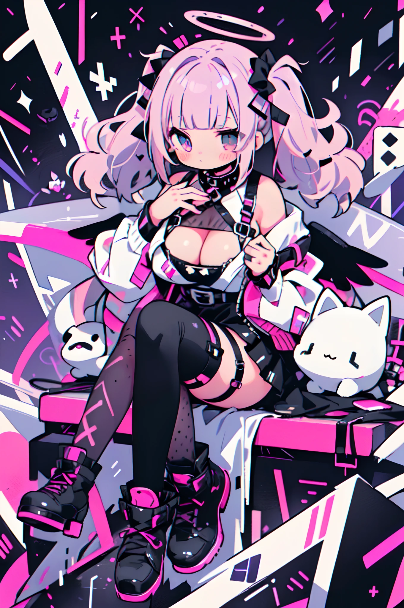 fullbody, 1 girl, floating sitting pose, ((pink halo,)) purple hair, ((messy Hair)), (((Unkempt hair))), ((big sized twin tails)), ((blunt bangs)), big white hair bow, white goth tight sweater with boob window, black harness on chest, chest harness, belt on chest, long black nails, fashion (((pink skirt))), the skirt is light pink, mismatched thigh high stockings, cute purple wings on her back, with bandaids, adhesive bandages, cleavage_cutout, mismatched_legwear, asymmetrical_legwear, menhera