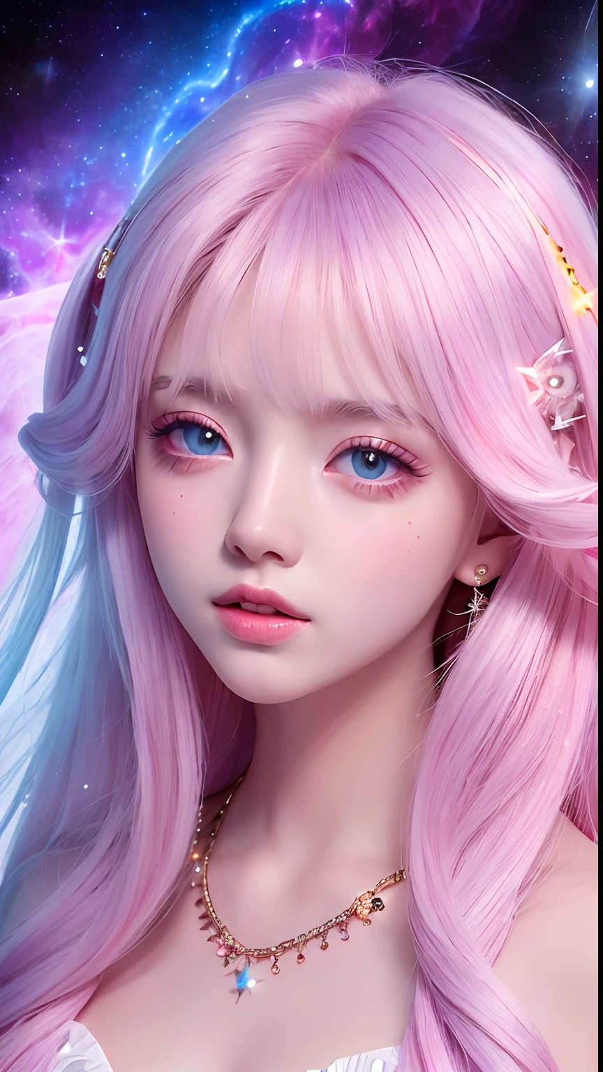 4K Ultra HD, Masterpiece, A girl with a magical aura, Good face, Long hair, shinny hair, Detailed eyes, Glossy lips, Wearing a red Lolita costume, The aura around the body, Magical effect, Spread white light, Cosmic elements and ethereal atmosphere, A mix of bright lights and colorful nebulae, universe background, Sitting, Full body capture.