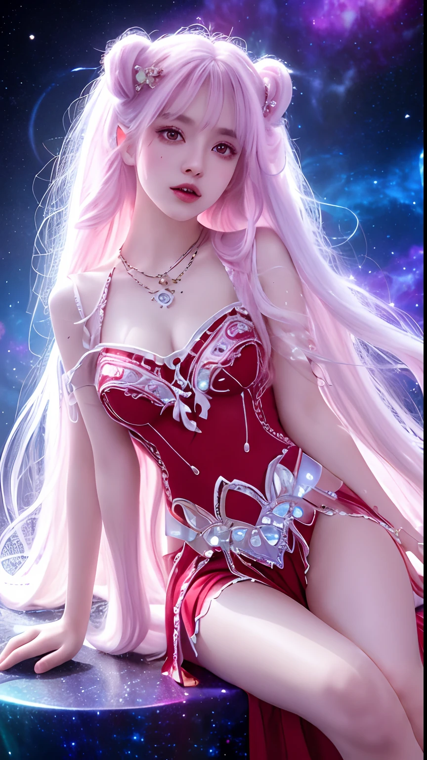 4K Ultra HD, Masterpiece, A girl with a magical aura, Good face, Long hair, shinny hair, Detailed eyes, Glossy lips, Wearing a red ta costume, The aura around the body, Magical effect, Spread white light, Cosmic elements and ethereal atmosphere, A mix of bright lights and colorful nebulae, universe background, Sitting, Full body capture.