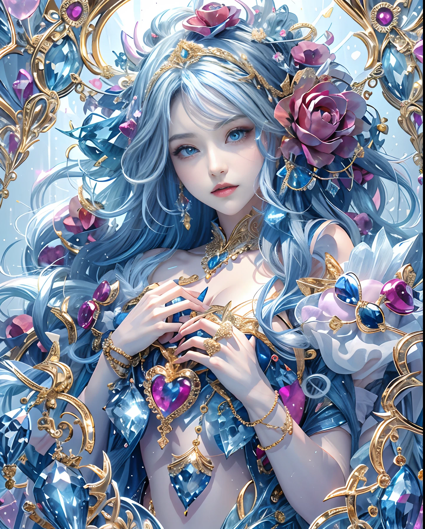 (masutepiece, of the highest quality, Best Quality, Official art, Beautiful and aesthetic:1.2), (1 Fantasy Girl), Extremely detailed, Glamorous Jewelry, long shapeless hair, (Fractal Art:1.3),Colorful,Highest detail.Express in the form of a heart、Ornaments in the shape of a blue heart、Use a lot of heart shapes、Use a lot of blue heart shapes in the background、Use a lot of blue、use a lot of blue flowers、Inlaid with blue heart-shaped jewelry、Heart-shaped bokeh、Ruby Ornament、Blue Gemstones、Angle from above the knee、Breasts are small and B size、A slender、Cleavage is visible。Paws are thin and beautiful,the skin is white and transparent,high-heels、Gold Anklet、Ruby Ornament、Blue Gemstones、high-heels、Gold Anklet、