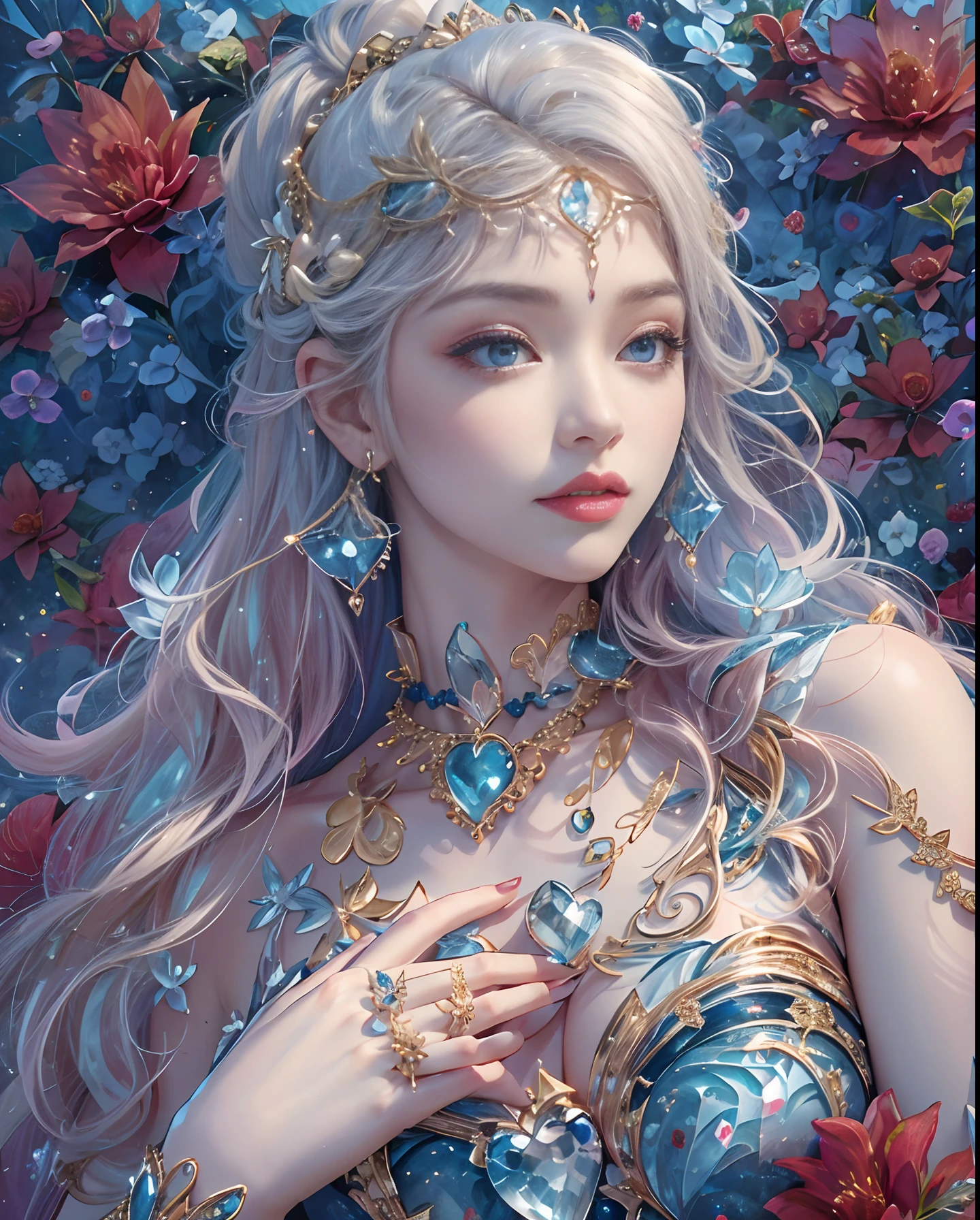 (masutepiece, of the highest quality, Best Quality, Official art, Beautiful and aesthetic:1.2), (1 Fantasy Girl), Extremely detailed, Glamorous Jewelry, long shapeless hair, (Fractal Art:1.3),Colorful,Highest detail.Express in the form of a heart、Ornaments in the shape of a blue heart、Use a lot of heart shapes、Use a lot of blue heart shapes in the background、Use a lot of blue、use a lot of blue flowers、Inlaid with blue heart-shaped jewelry、Heart-shaped bokeh、Ruby Ornament、Blue Gemstones、Angle from above the knee、Breasts are small and B size、A slender、Cleavage is visible。Paws are thin and beautiful,the skin is white and transparent,high-heels、Gold Anklet、Ruby Ornament、Blue Gemstones、high-heels、Gold Anklet、