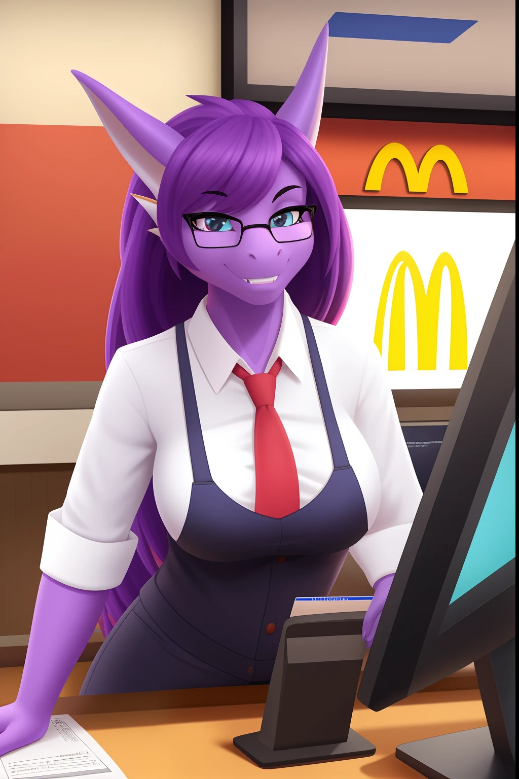 Female anthropomorphic dragon, milf, with purple skin with 4 ears, has brown hair, red eyes, wears glasses, working at a cashier at McDonalds, showing her breasts, naked breasts, taking off her uniform, open uniform, showing her pussy, wet pussy, liquids falling from the vagina, 4k, masterpiece, posted on e621