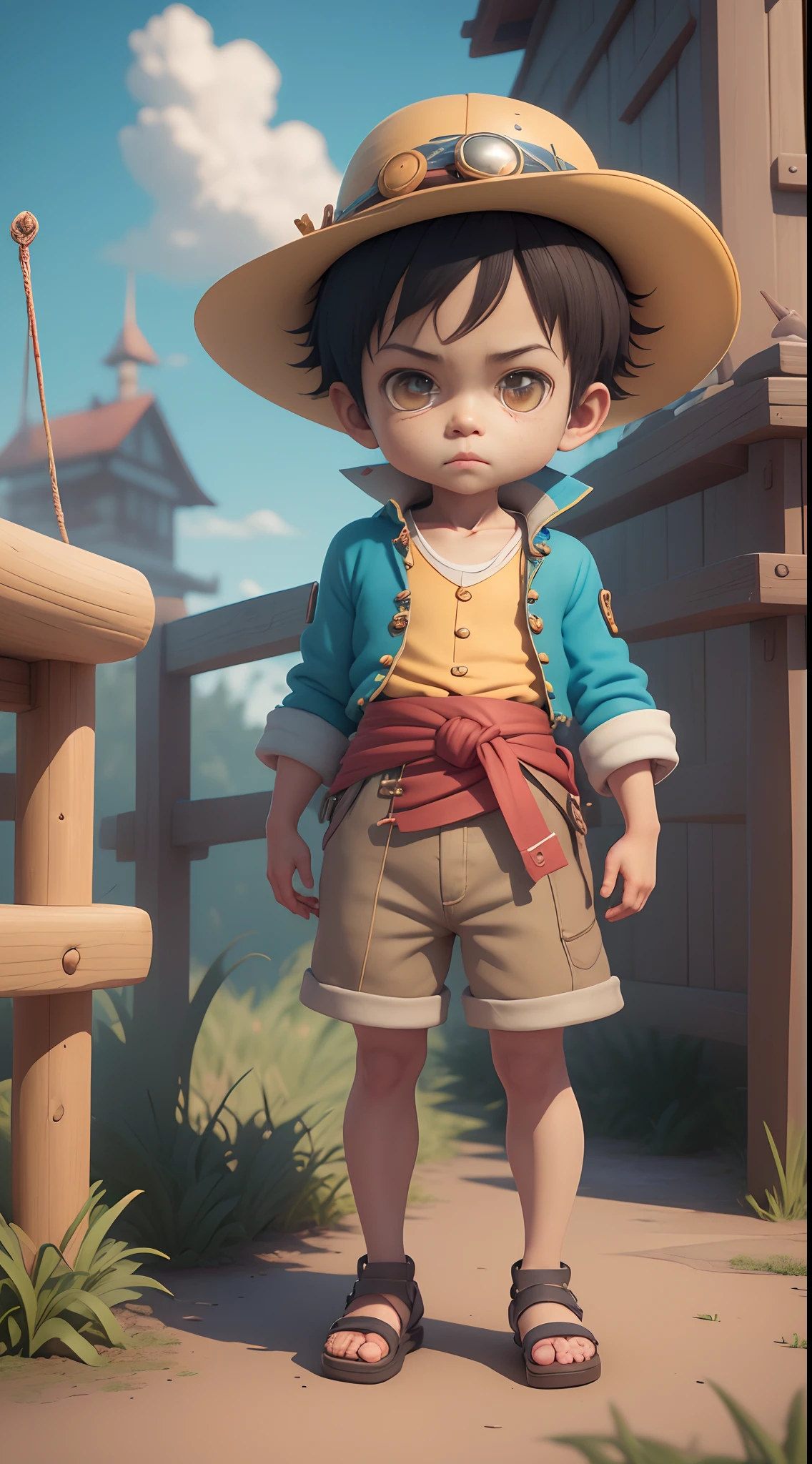 cute 3d render, cute detailed digital art, male explorer mini cute boy, cute digital painting, stylized 3d render, cute digital art, cute render 3d anime boy, Monkey D luffy the little pirate looks up, cute! c4d, portrait anime sea pirate boy, ((he is wearing an open long-sleeved red cardigan with four buttons, with a yellow sash tied around his waist, blue shorts with cuffs, sandals)), ((standing in a pirate ship)).