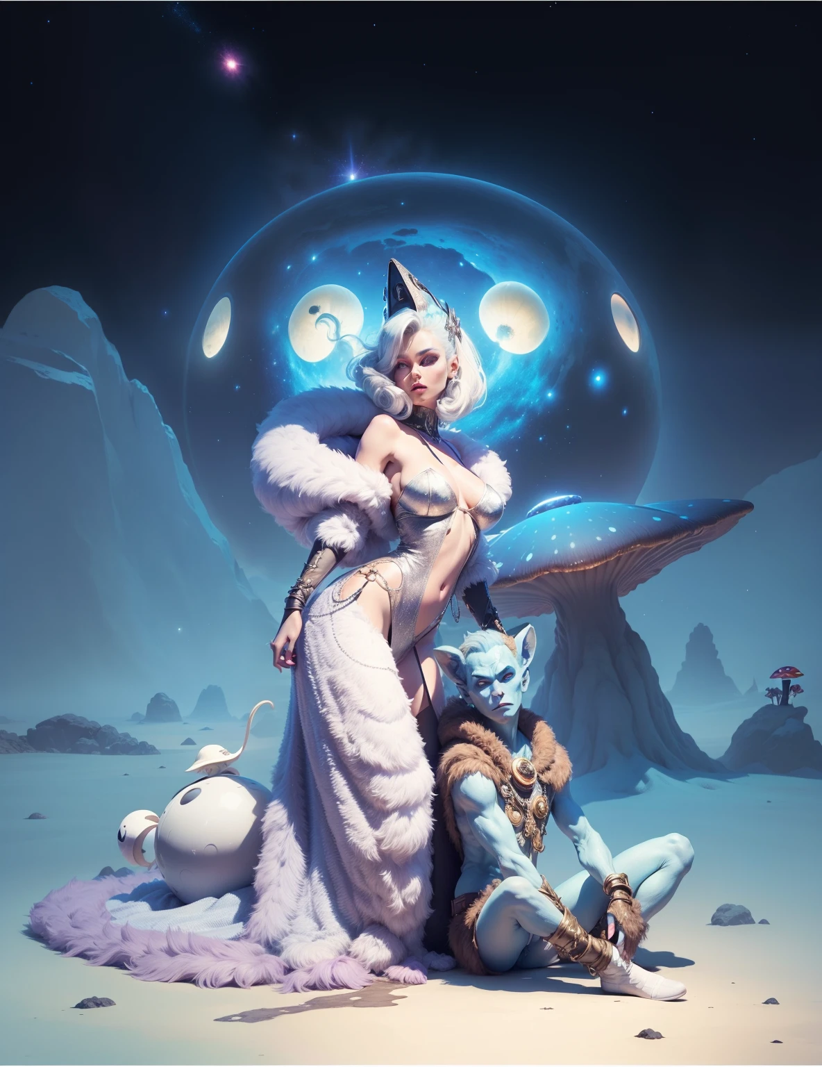 A sexy space vixen, vamp, and her space alien monkey boy, on an alien planet, she wears a very strange mushroom like fur coat, he sits at her feet on the ground in a loin clothe, on an alien planet, starry, background, 8k resolution, hyperdetailed.