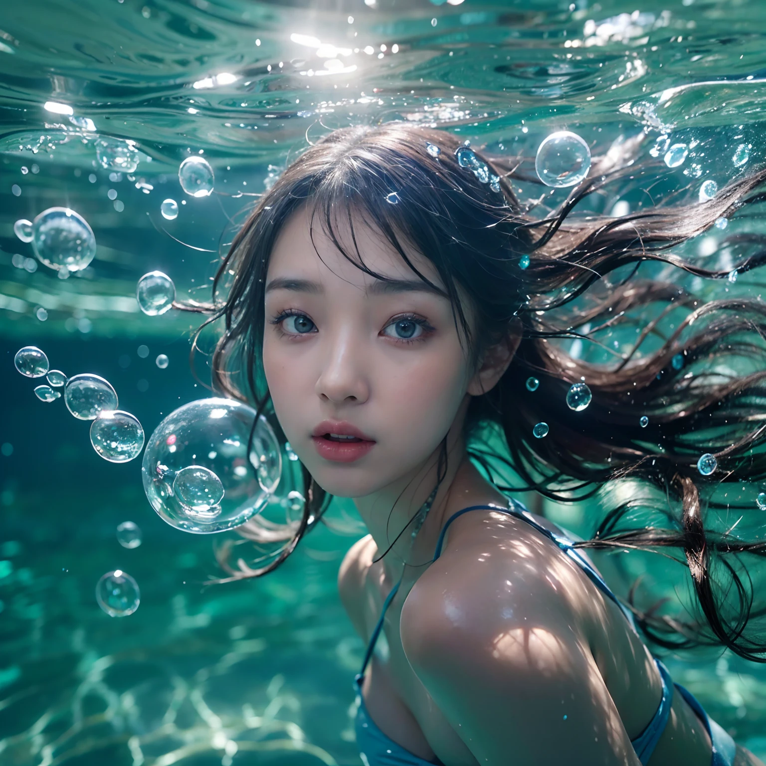 A beautiful Japanese girl is shown underwater surrounded by bubbles.。She floats near the surface、Face and body half submerged in water。High transparency of water、The light refracts in the water and creates beautiful patterns on her skin.。

Her hair is wet and、It spreads softly around the face。Air bubbles float on the hair and water surface.、It creates a very fantastic atmosphere.。Her eyes are big、She has a calm expression as if she is looking into the distance.。The light reflected in your eyes、It brings life to her eyes。

Her skin is smooth and has a healthy glow.、The light reflects off the water, creating a fantastic glow.。Her lips are pale pink、Gives a natural beauty。She is wearing a white lace bustier、The delicate design perfectly matches her soft personality.。

The blue of the water in the background and the bubbles blend in well.、Creates a beautiful color contrast。Bubbles and air bubbles in the water、The way she is surrounded by colours is very beautiful.。The effects of light and shadow created by the reflection and refraction of light、It gives movement and depth to this image.。

as a whole、This image is美少女の幻想的で夢のような美しさを見事に捉えています。Her soft expression and bubbles、Underwater light and shadow become one、It creates a very charming and poetic scene.。This image is、This piece gives the viewer a sense of serenity and beauty.。