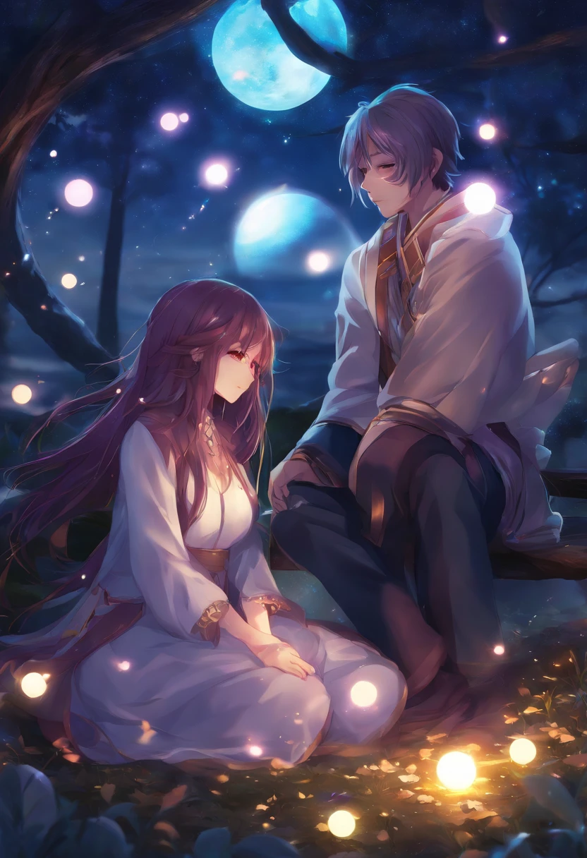 Anime couple sitting on the ground,With glowing spheres, no game no life, beautiful fantasy anime, anime in fantasy style, zerochan art, hd anime wallaper, Anime fantasy artwork, anime wallaper, ethereal anime, Beautiful anime, Anime fantasy illustration, Beautiful anime artwork, anime artsyle, Beautiful anime art, pixiv contest winner, Digital art on Pixiv