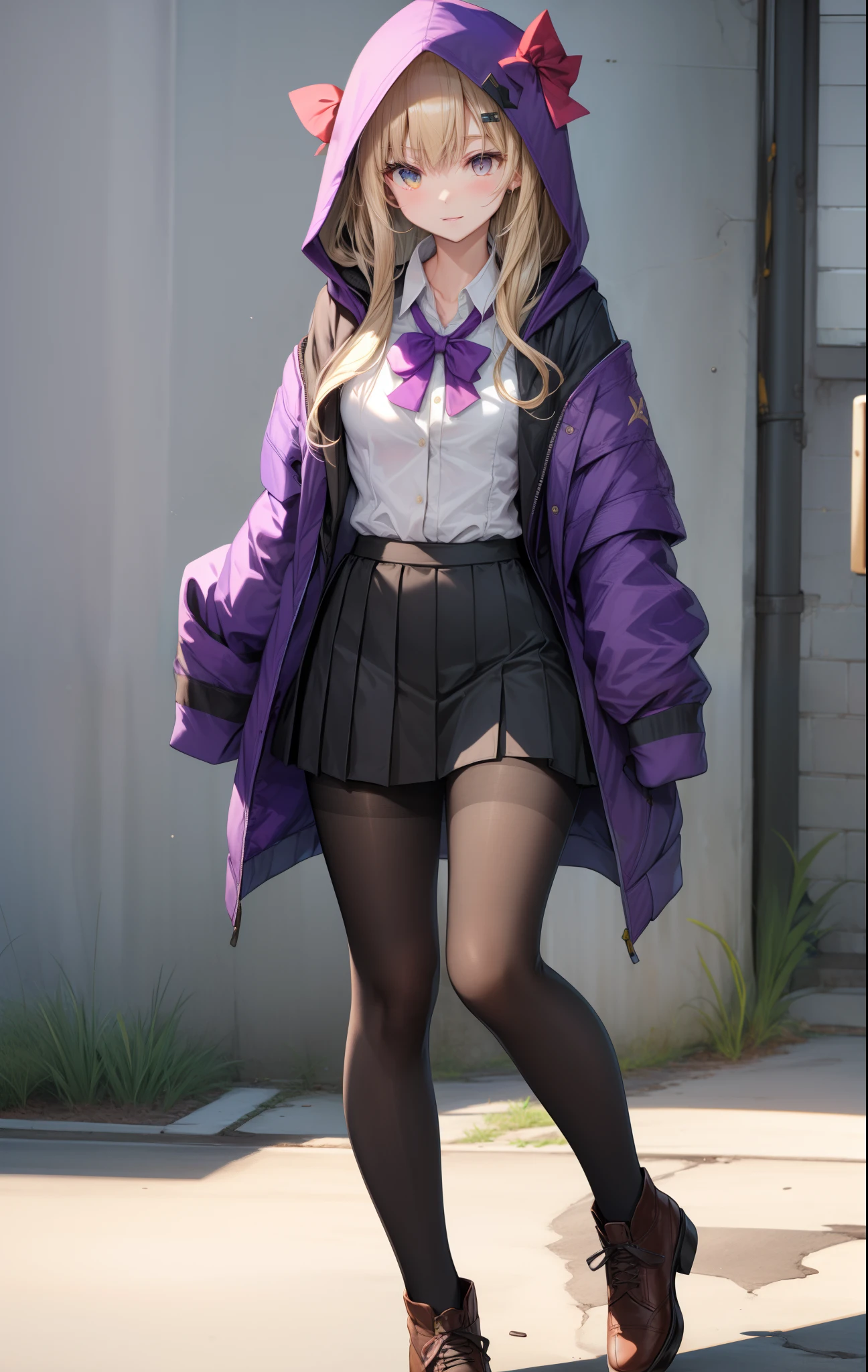 black pantyhose, bow, collared shirt, hood, hooded jacket, jacket, open clothes, open jacket, open shirt, pantyhose, purple bow, purple jacket, school uniform, shirt, sleeves past wrists, unbuttoned shirt, white shirt,