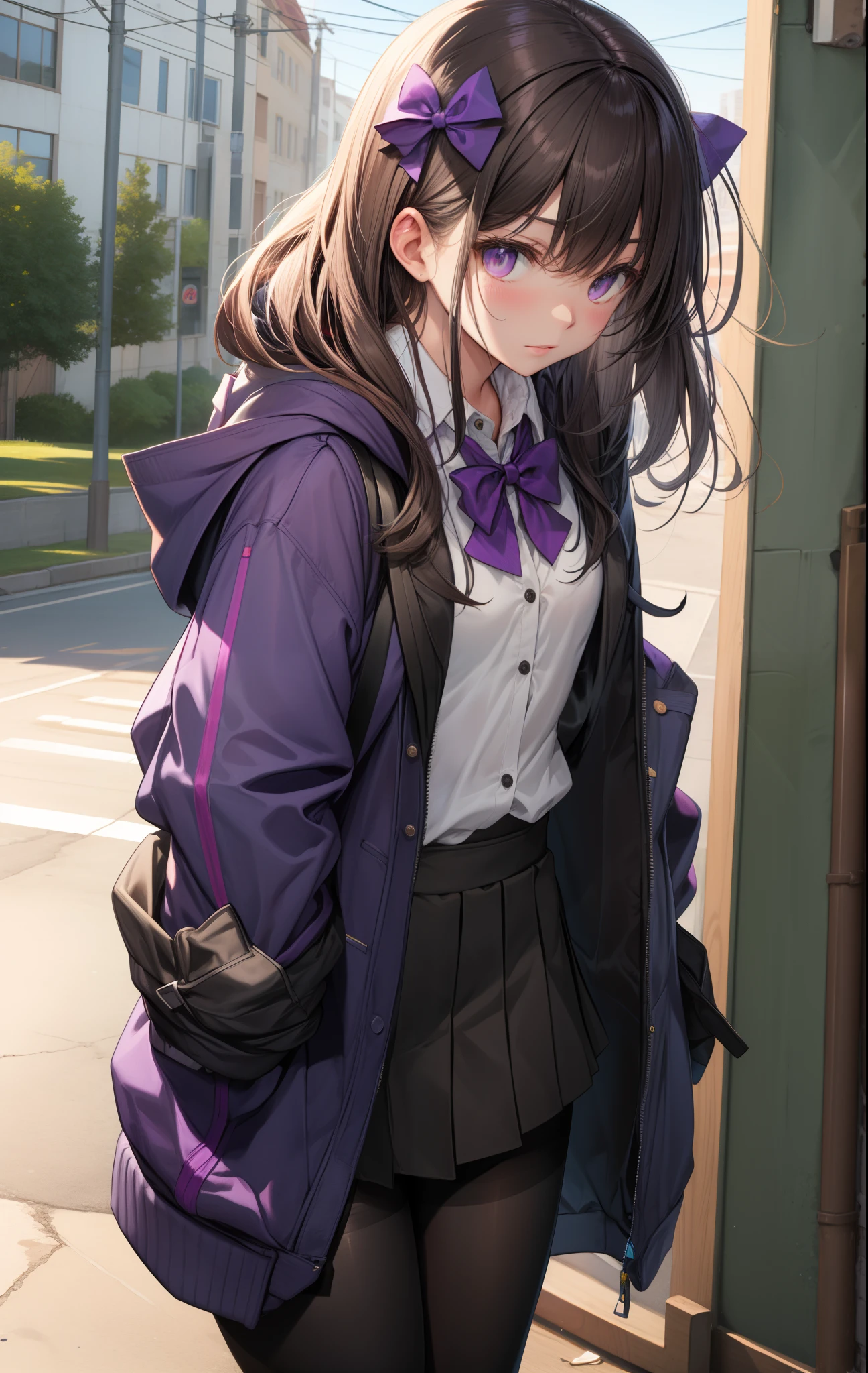 black pantyhose, bow, collared shirt, hood, hooded jacket, jacket, open clothes, open jacket, open shirt, pantyhose, purple bow, purple jacket, school uniform, shirt, sleeves past wrists, unbuttoned shirt, white shirt,