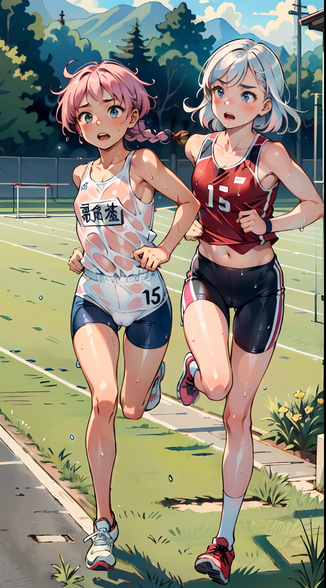 masterpiece, best quality, ultra-detailed, illustration, an extremely delicate and beautiful,high resolution, ultra-detailed,,perfect face,slender perfect body, Tight belly,Toned buttocks,Constricted waist,,(2 girls to running:1.7), ,(1girlto pink hair,1girl to white hair), (1girl to very short hair,1girl to braided long hair),(hachimaki), shy daughter, short stature, small tits,(flom track and field), (fashionable track and field athlete),(bike shorts), small tits, (wet:1.2), track and field,stadium,((very wide shot )),(cameltoe),( visible through clothes)