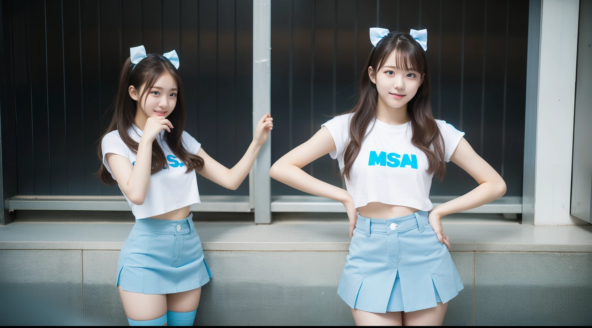 Cheergirl wearing a light blue miniskirt 18 years old