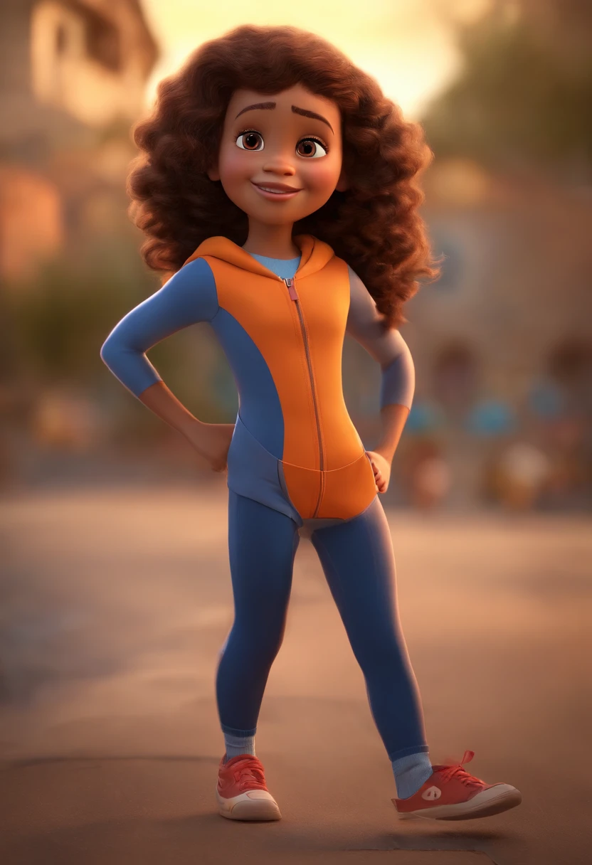 (Pixar 1.23 estilo) 1 menina ((parte superior do corpo frente, busto tiro)), solo, Beautiful child, pele morena, cabelos levemente cacheados, tracksuit bonita, menina, Brazilian , playground, ((obra-prima, mais alta qualidade)), (composite lighting)