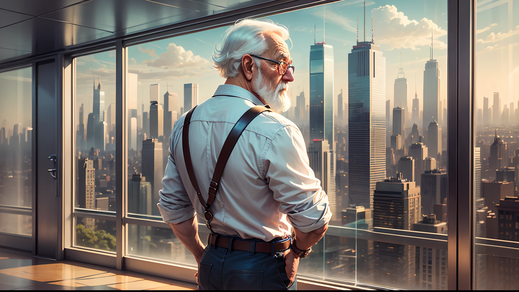 An old man in front of a large glass window with a large city in the background, disney style --auto --s2