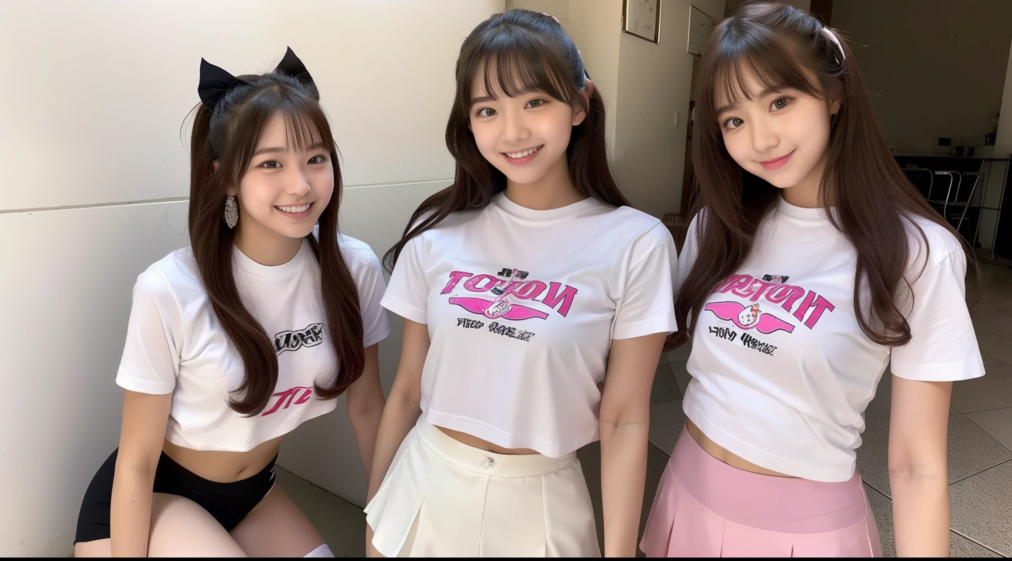 18-year-old cheergirl in pink miniskirt wearing white T-shirt