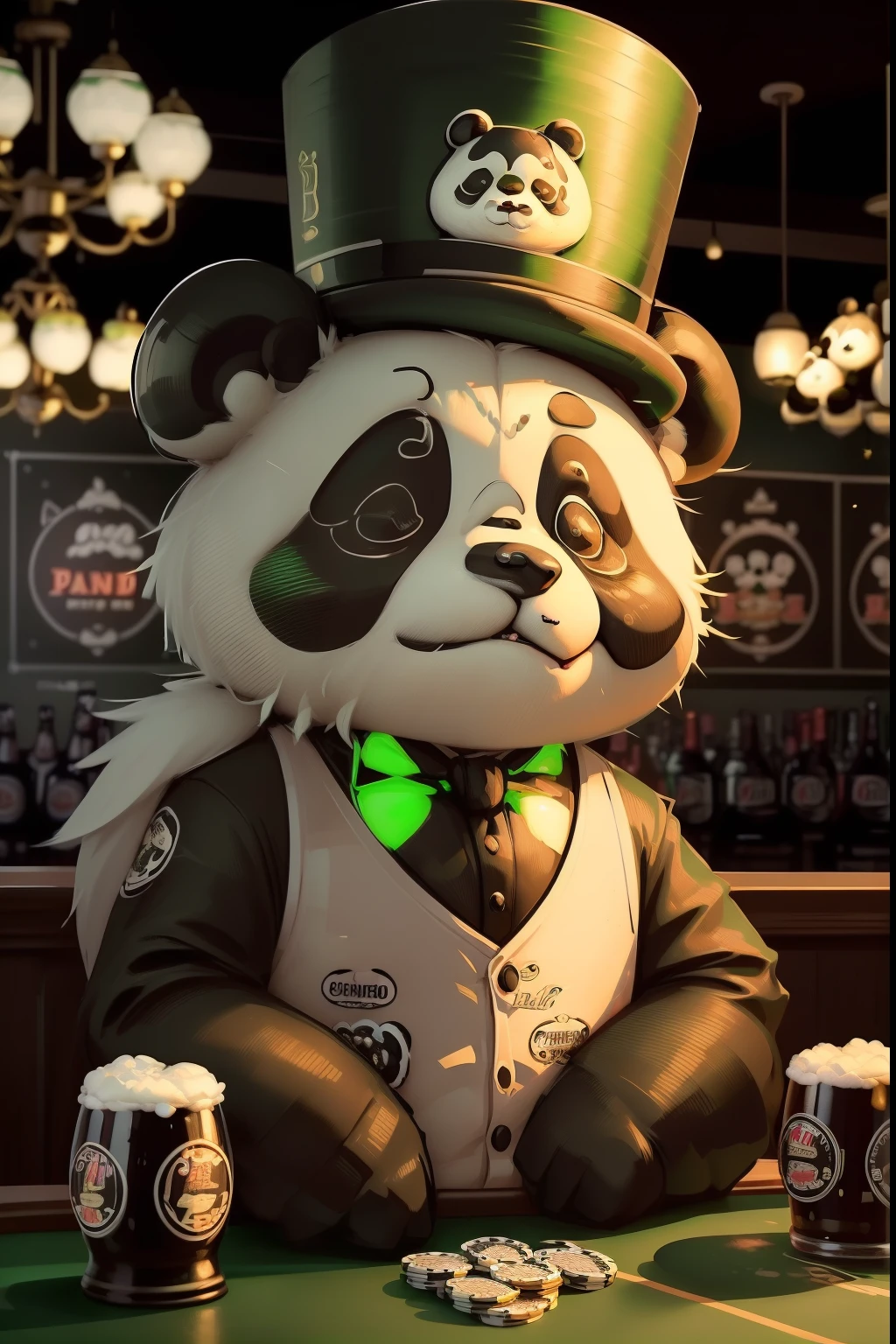 masterpiece, best quality, expressive eyes, perfect face, panda, panda drinking beer, dark beer, panda holding beer, Chibi panda, chibi, Panda with a bow tie, panda sitting at a table, panda wearing a top hat, bar background, ((Large beer mug)), (1920's bar), ((green chandelier)), soft lights, (dim lights), (Irish pub), (Black and white panda), ((Green lighting)), ((Green chandelier lights)), ((Black top hat)), (dart board on the wall), ((Poker cards on the bar)), (Poker table), ((beer in hand)), ((beer on the table)), money on the table,