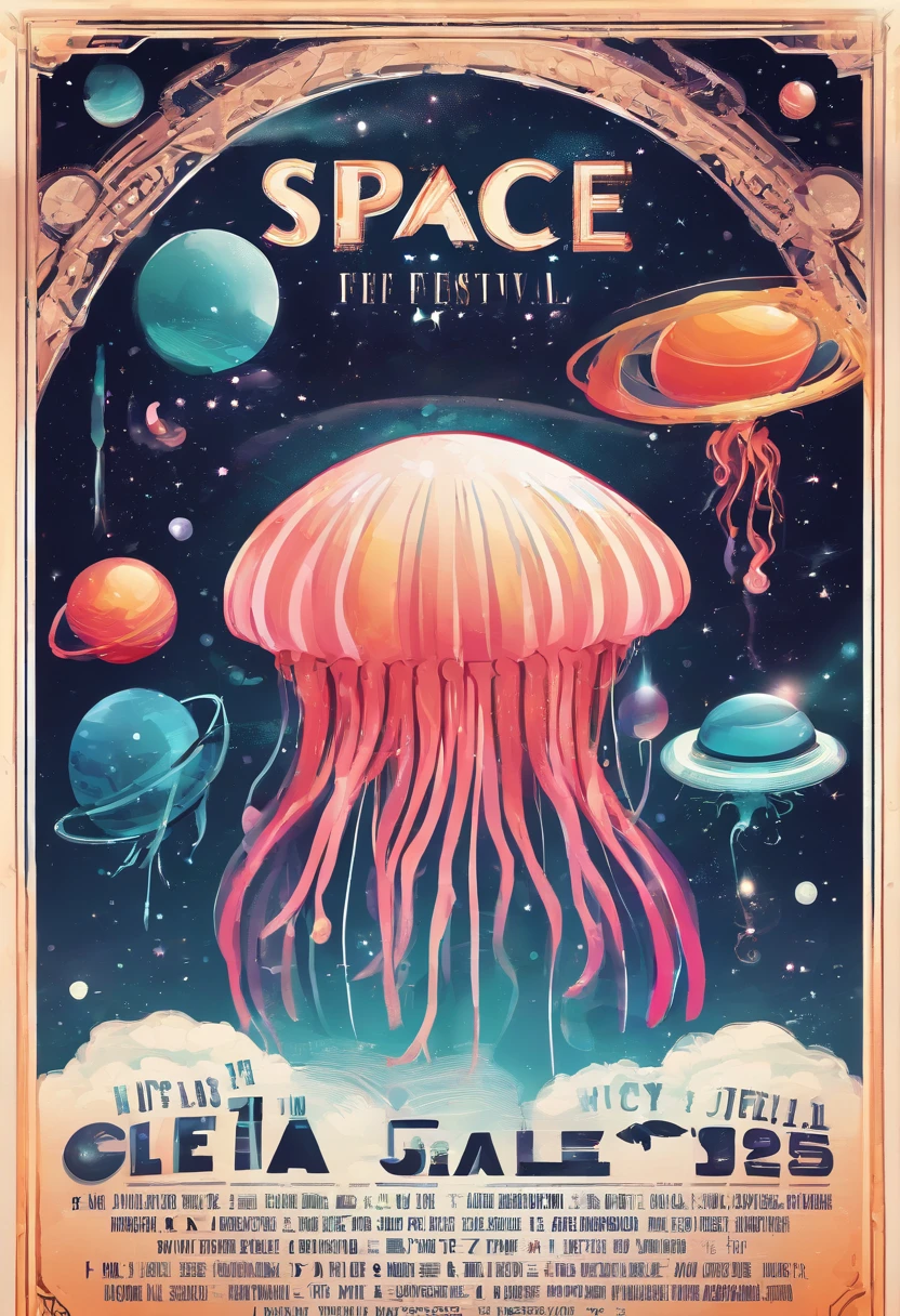 The music festival poster ,Bold letters and event logo, jellyfish and large bubbles.