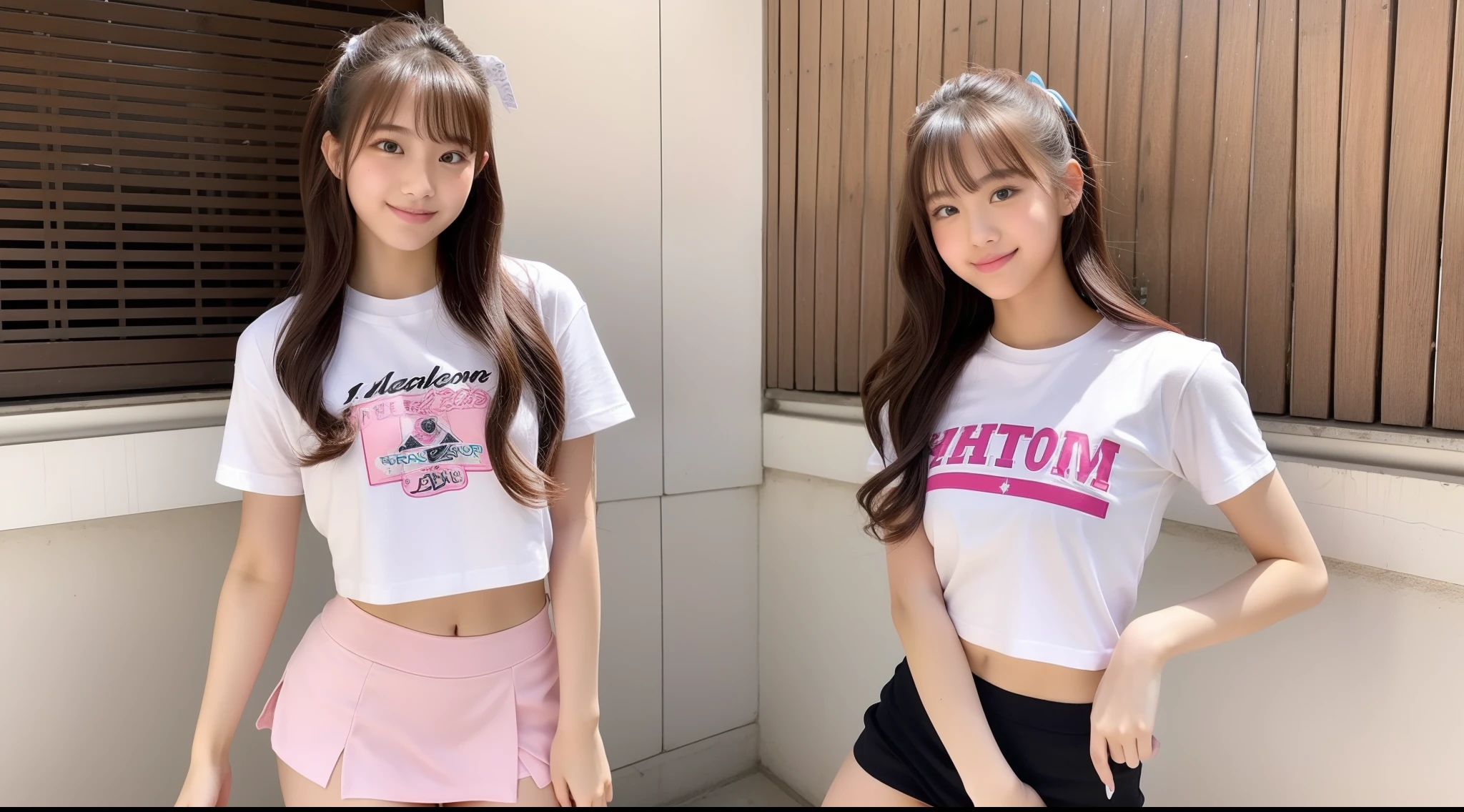 18-year-old cheergirl in pink miniskirt wearing white T-shirt