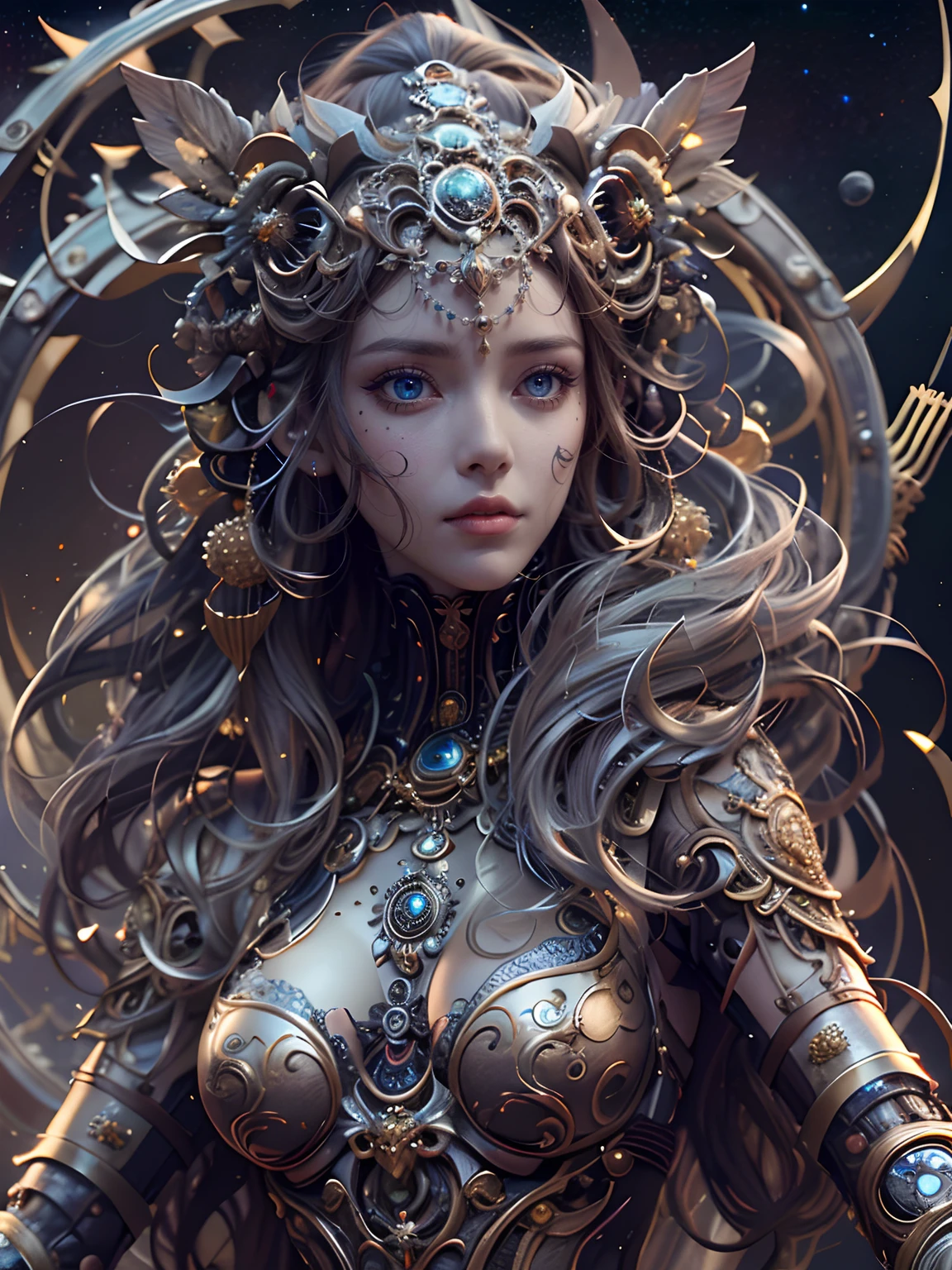 (best qualtiy,ultra - detailed,Most Best Illustration,Best shadow,tmasterpiece,A high resolution,professionalartwork,famousartwork),Detailed eyes,beautidful eyes,closeup cleavage,sci-fy,colored sclera,Robot eyes,face markings,Tattooed with,(fractalized,Fractal eyes),largeeyes,Wide eyes,(Eye focus),sface focus,Cosmic eyes,Space eyes,Close-up of metal sculpture of a woman with a moon in her hair,goddes。extremly high detail,3 d goddess portrait,Extremely detailed footage of the goddess,a stunning portrait of a goddess,Side image of the goddess,portrait of a beautiful goddess,Full body close-up portrait of the goddess,hecate goddess,portrait of a norse universe goddess,goddess of space and time