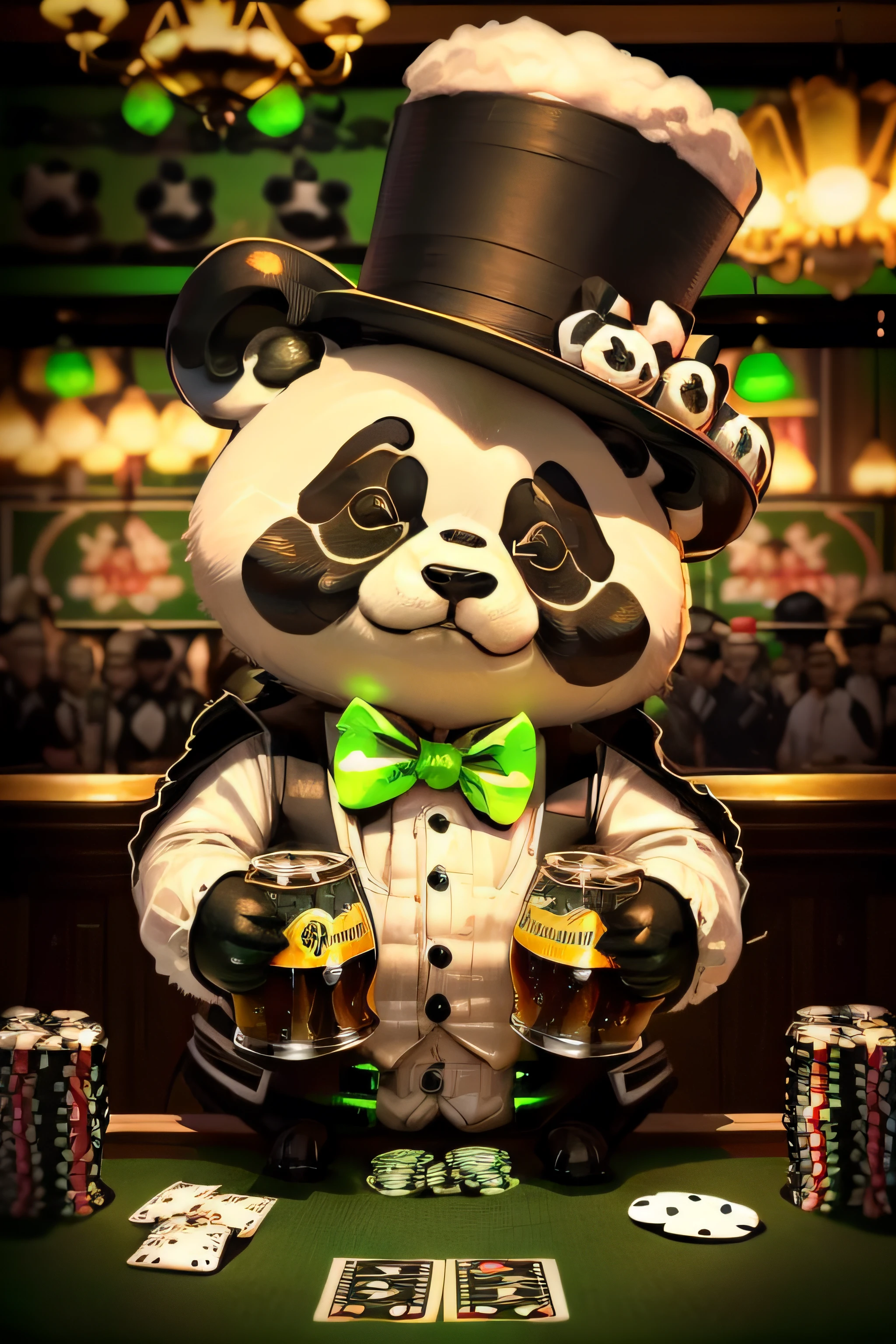 masterpiece, best quality, expressive eyes, perfect face, panda, panda drinking beer, dark beer, panda holding beer, Chibi panda, chibi, Panda with a bow tie, panda sitting at a table, panda wearing a top hat, bar background, ((Large beer mug)), (1920's bar), ((green chandelier)), soft lights, (dim lights), (Irish pub), (Black and white panda), ((Green lighting)), ((Green chandelier lights)), ((Black top hat)), (dart board on the wall), ((Poker cards on the bar)), (Poker table), ((beer in hand)), ((beer on the table)), money on the table,