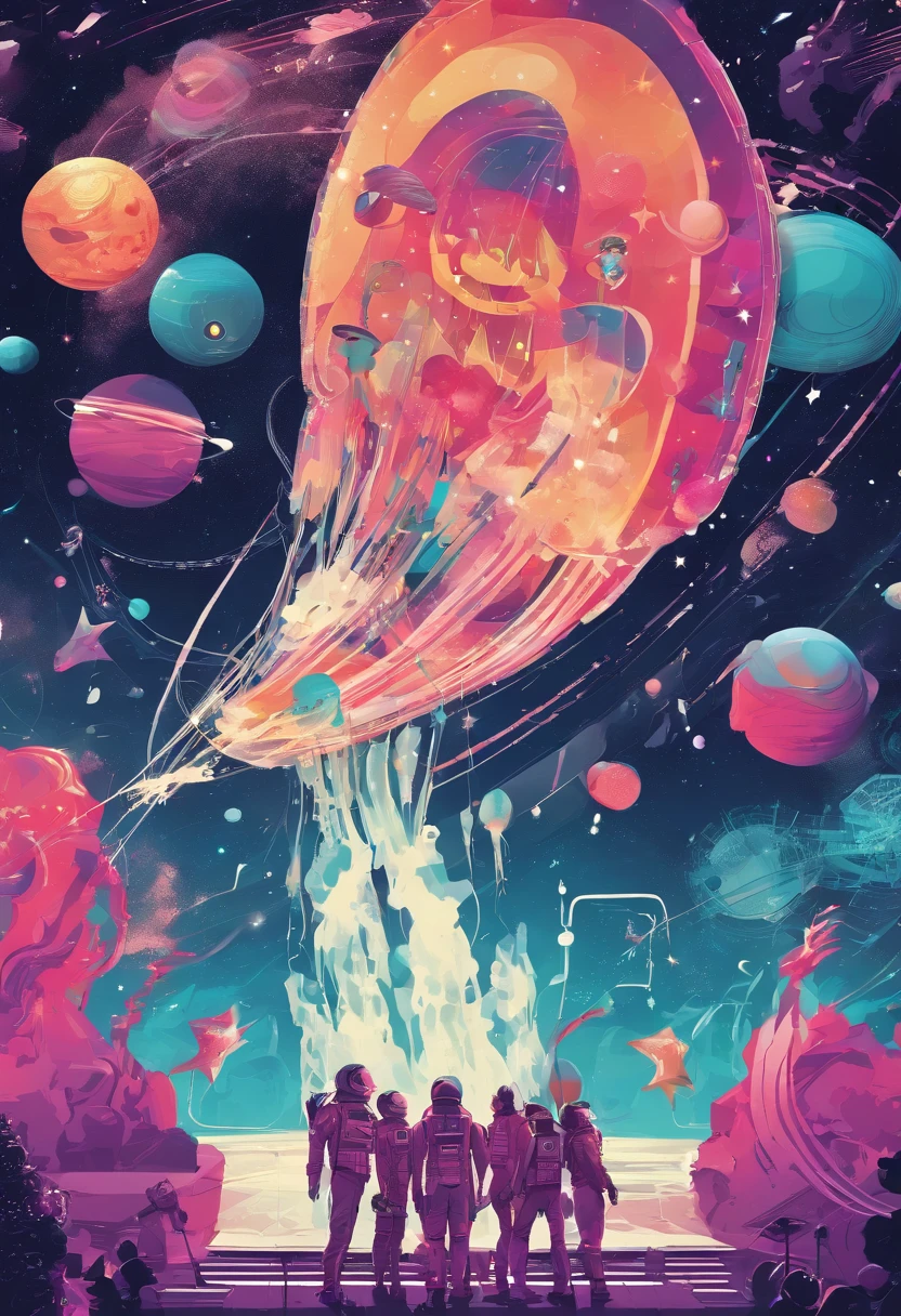 The music festival poster ,Bold letters and event logo, jellyfish and large bubbles, Six musicians in the center of the picture