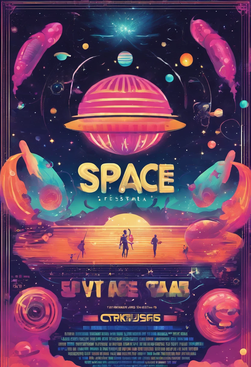 The music festival poster ,Bold letters and event logo, jellyfish and large bubbles, Six musicians in the center of the picture